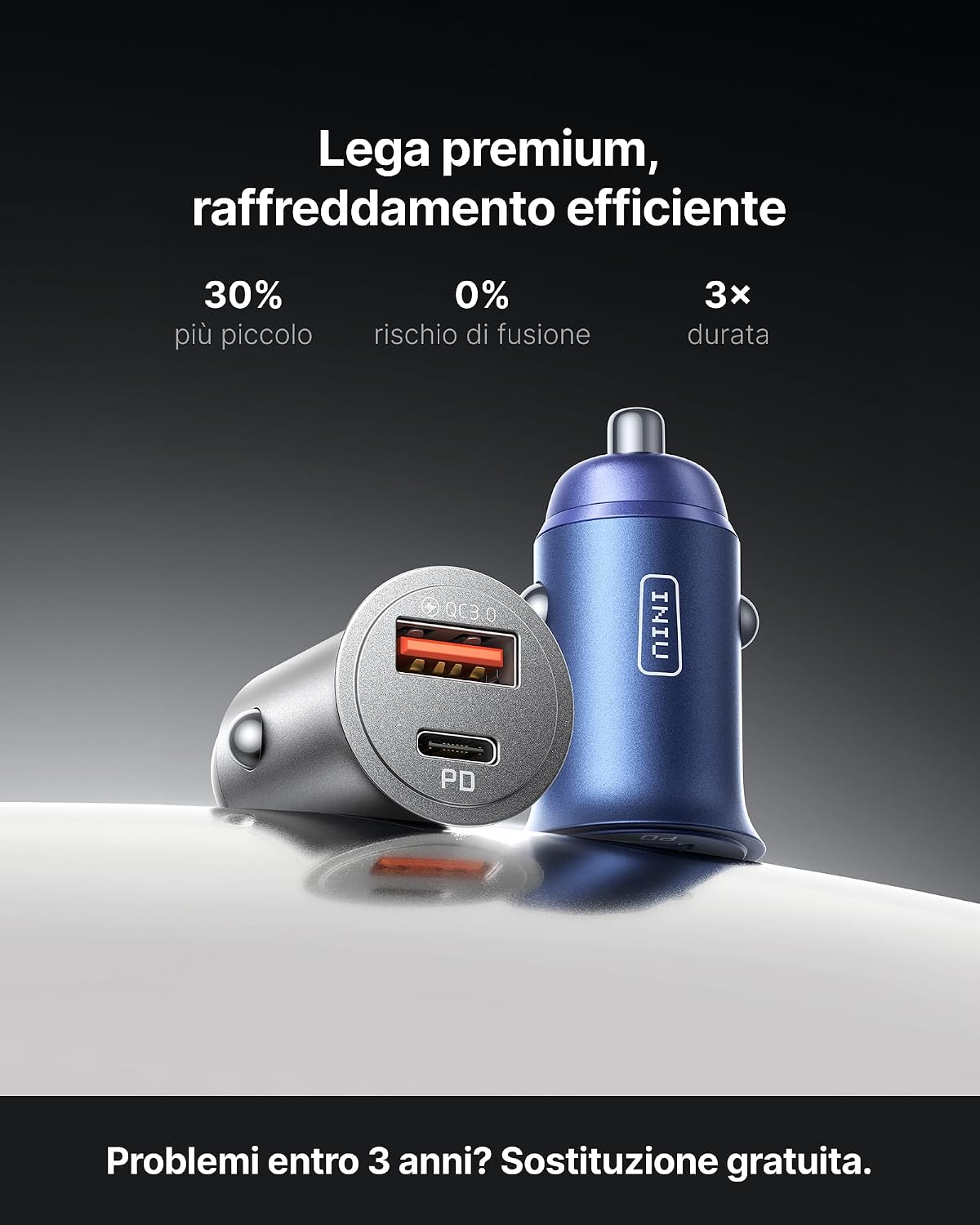Detalle de INIU caricatore auto 60W con USB-C PD e QC 3.0, doppia porta per ricarica rapida
