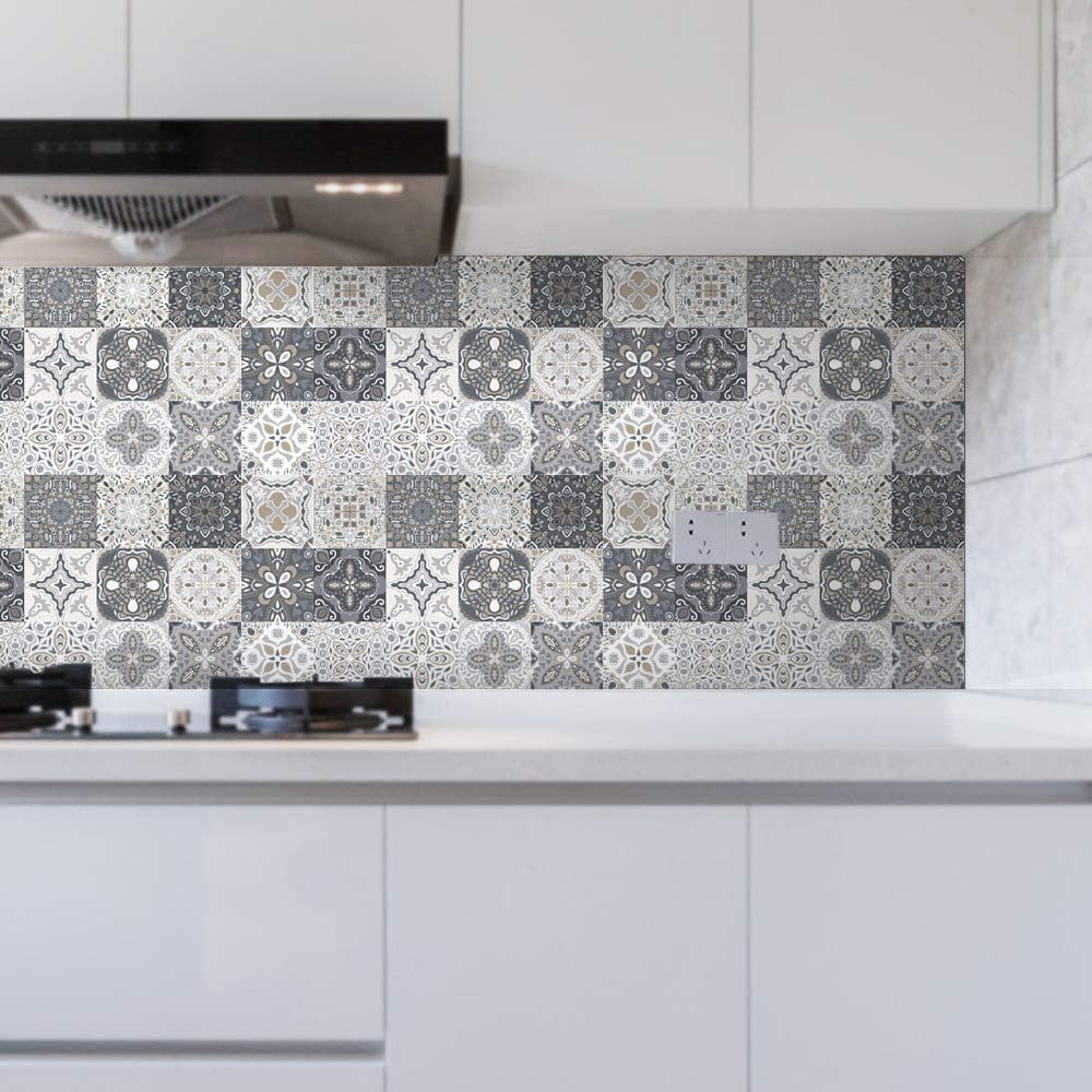Detalle de HORIWE 48pc Moroccan Tile Stickers 6x6 Inches — PVC, Waterproof, Self-Adhesive Backsplash Tiles