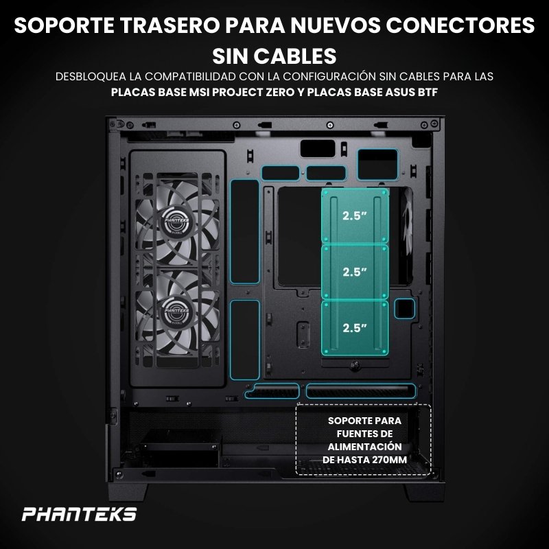 Detalle de Phanteks XT View: chasis con cristal templado y USB 3.0 en negro