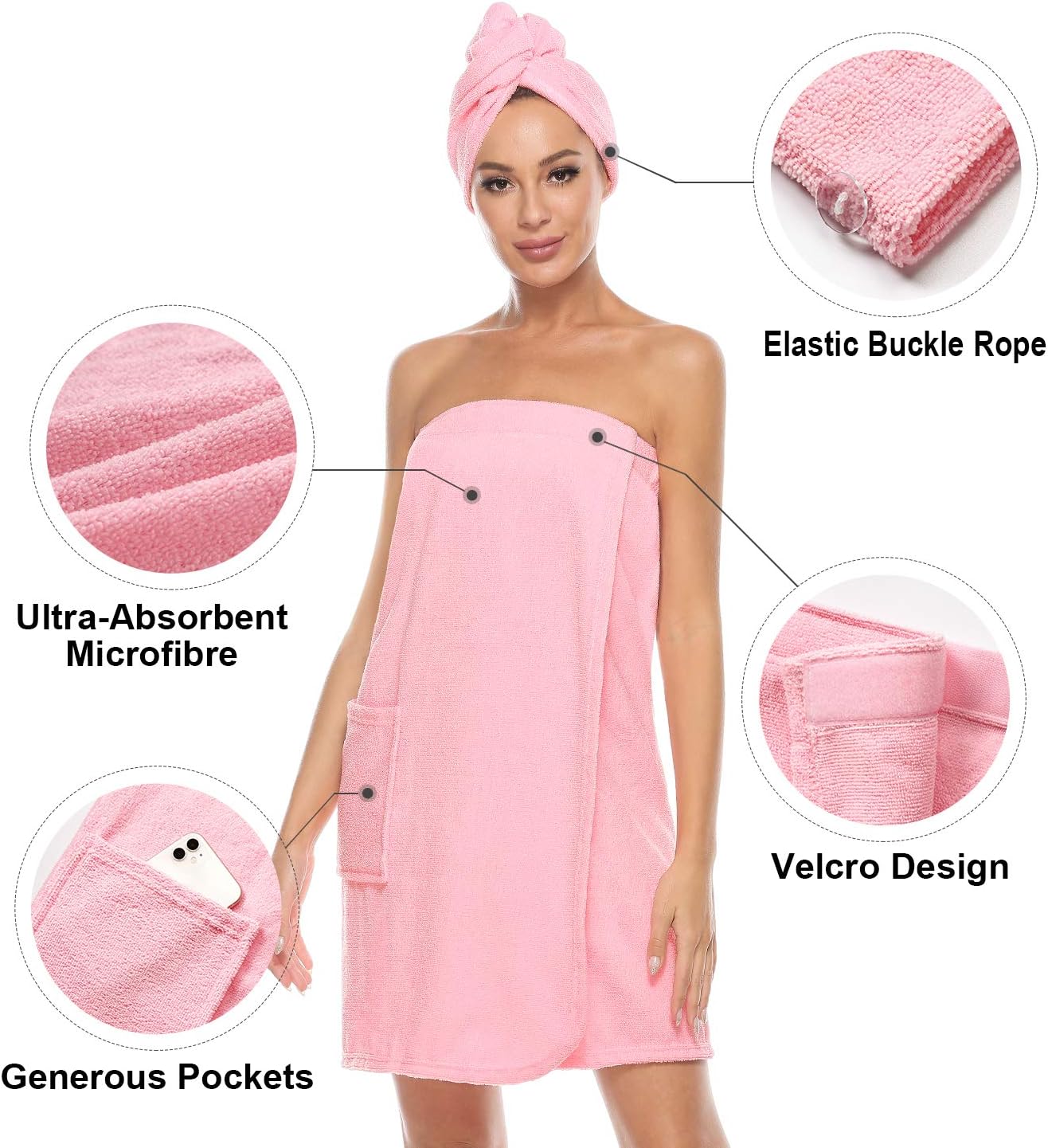 Detalle 2 de ROSYLINE 100% Terry Cloth Women's Towel Wrap, Pink S/M, Adjustable Closure
