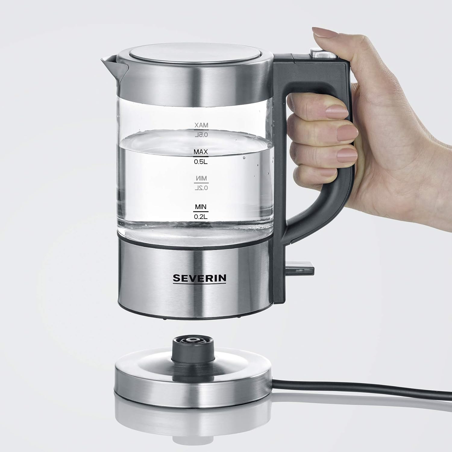 Detalle de SEVERIN Mini Bollitore in Vetro WK 3472 – 0,5 L, 1100W, vetro e acciaio, filtro anticalcare removibile
