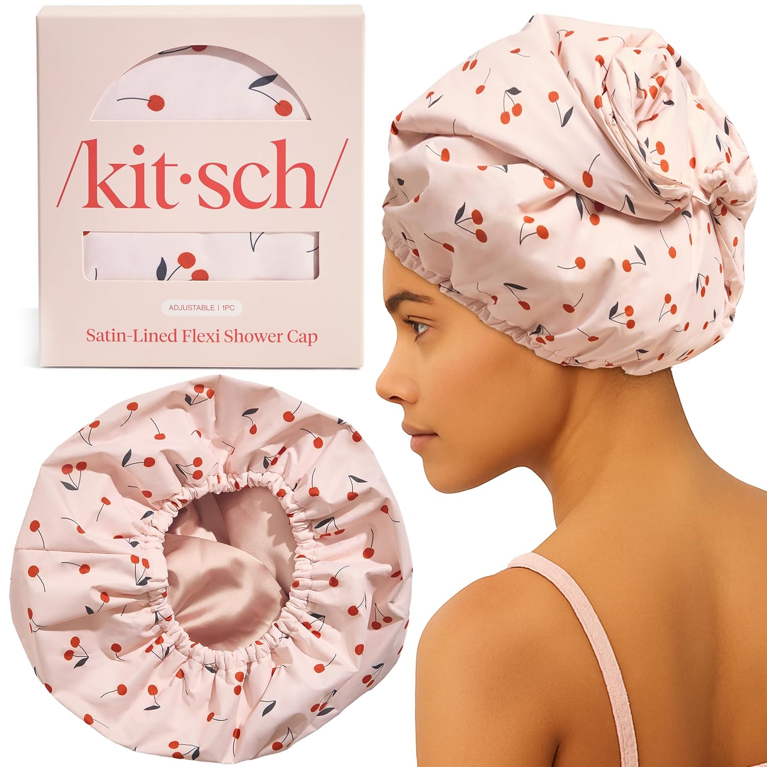 Kitsch Luxury Shower Cap for Women – Reusable Waterproof, Large, Cherry Print