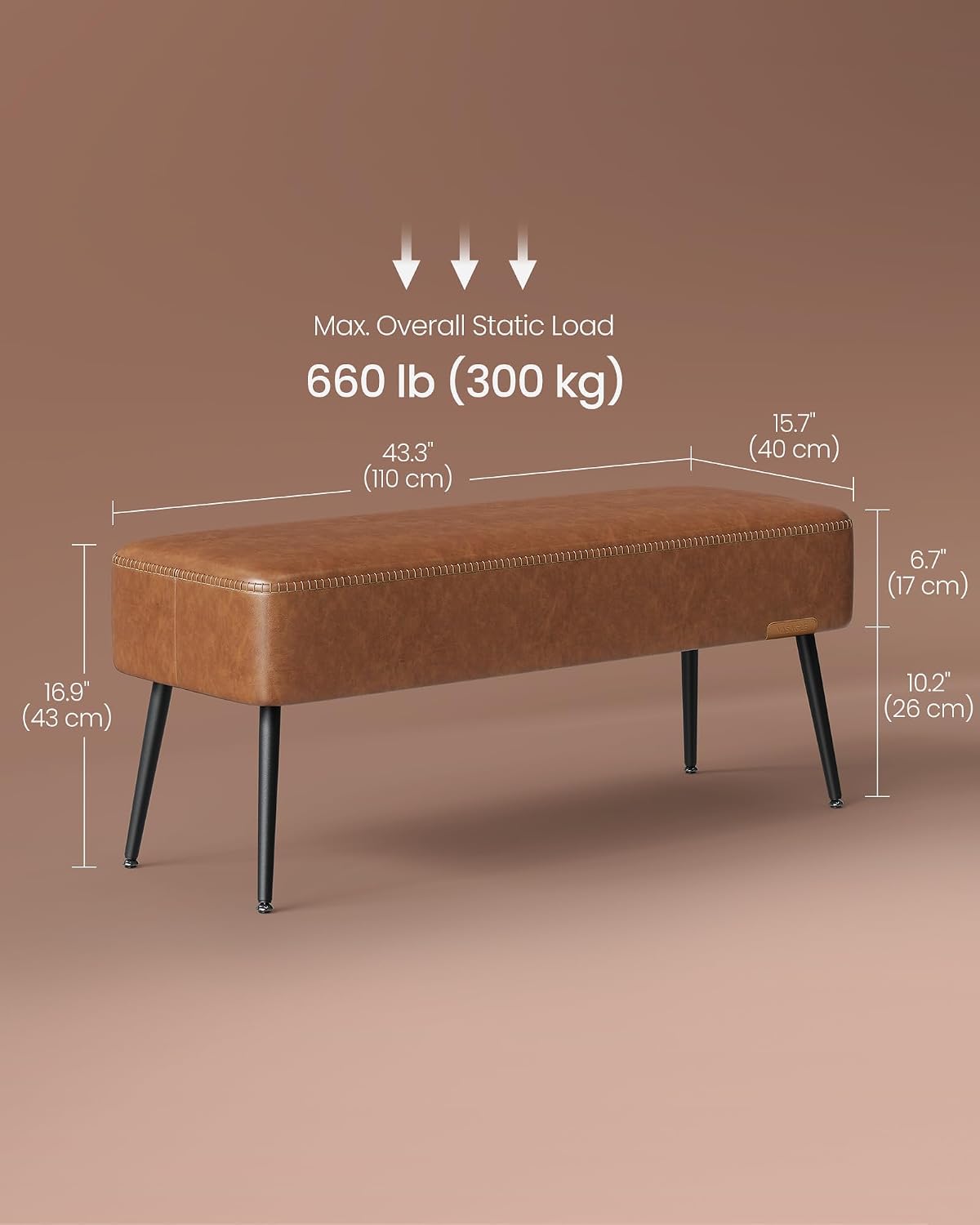 Detalle de VASAGLE EKHO ULOM076K01 Upholstered Bench, Caramel Brown, Steel Legs