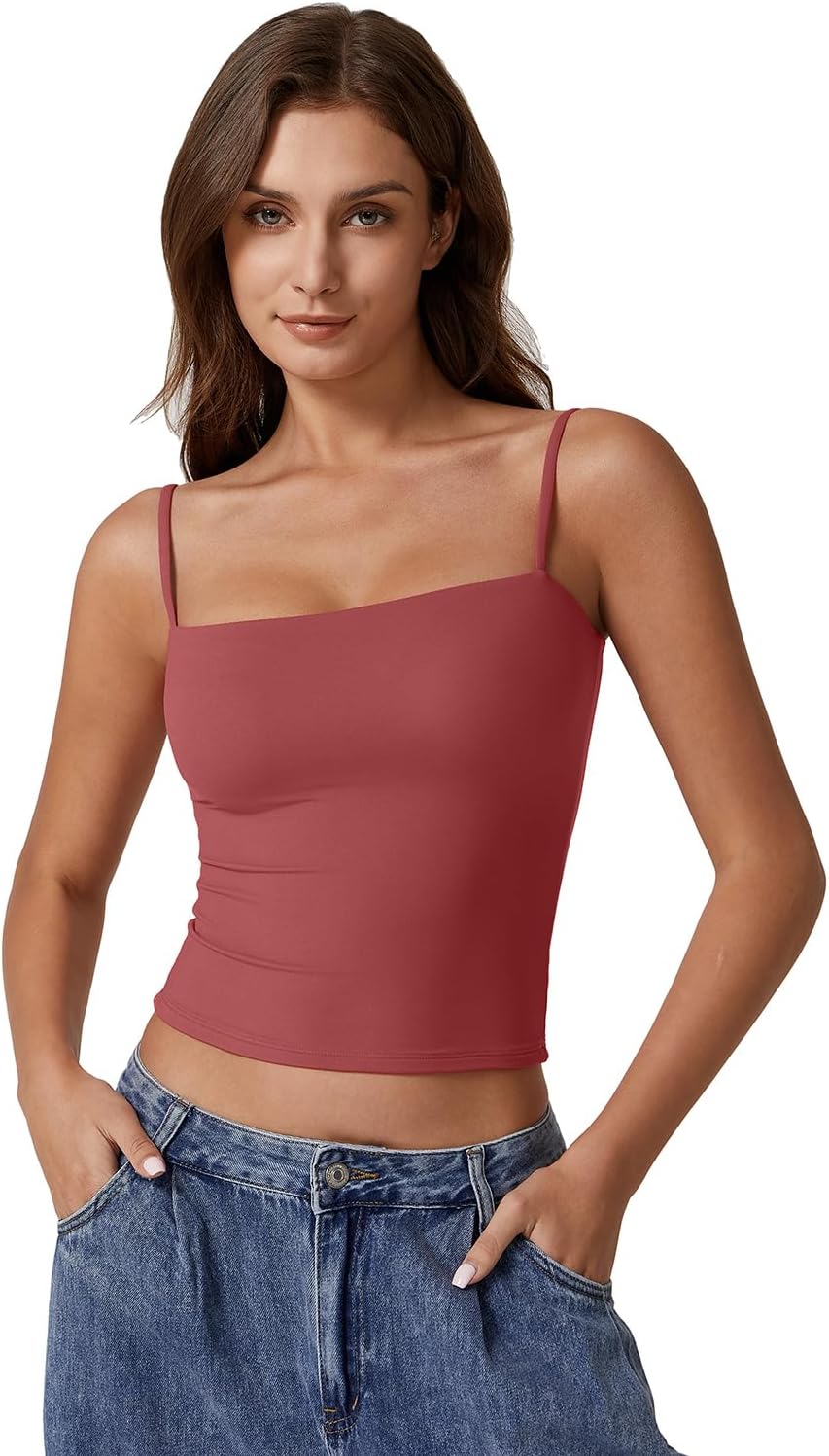 Detalle de QINSEN Women's Double Lined Basic Tank Top with Adjustable Spaghetti Straps