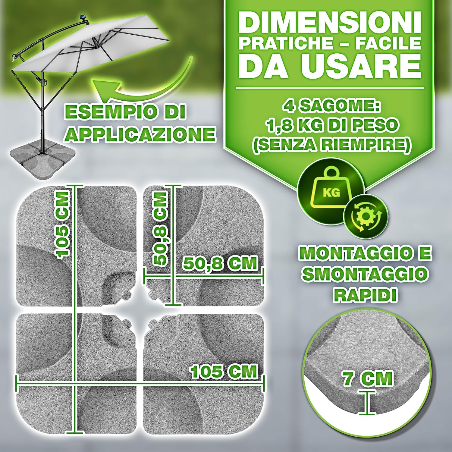 Thumbnail 6 de tillvex® Base per ombrellone 90 litri (120 kg sabbia) da 4 pezzi, decentrato con connettore metallico – grigio granito