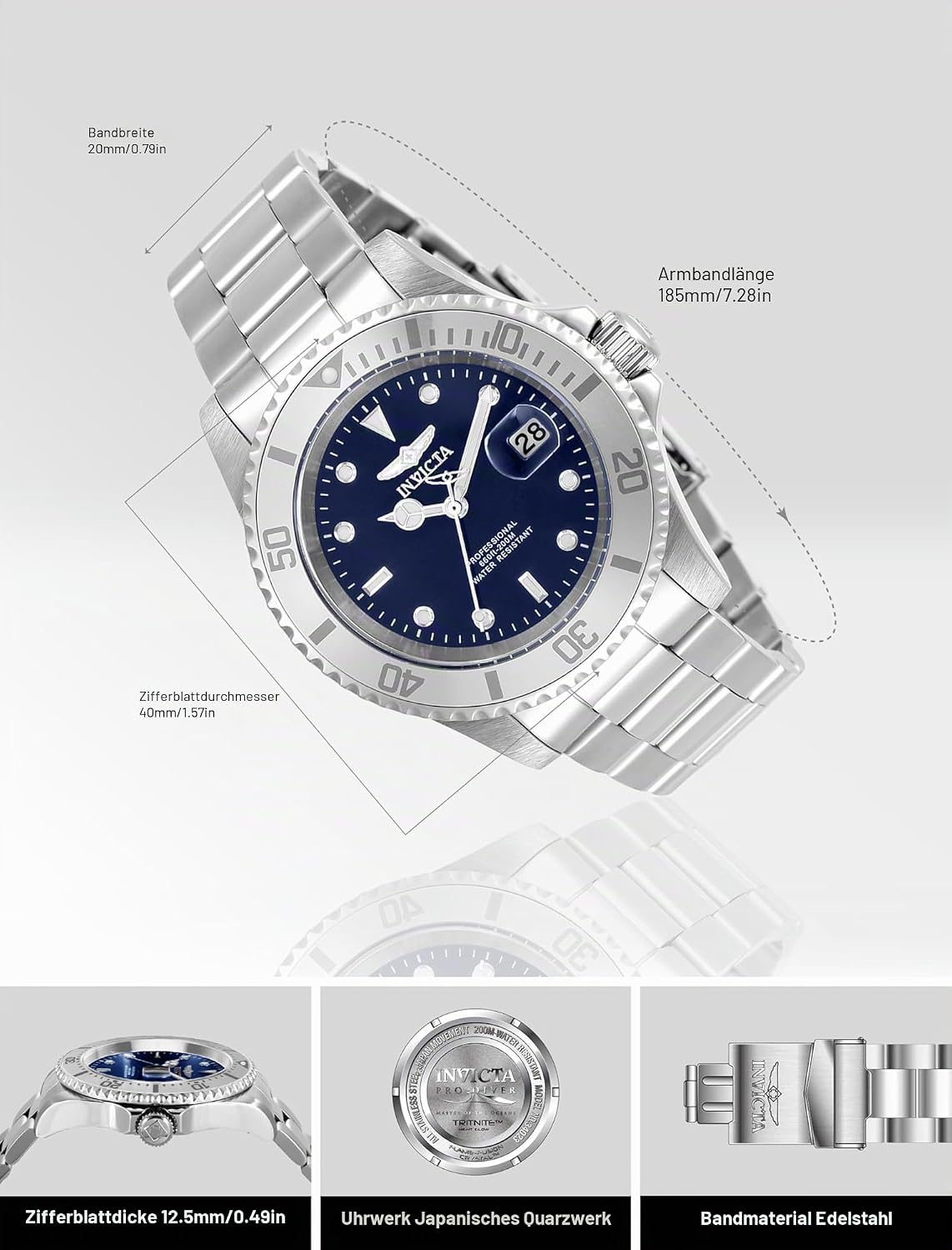 Detalle de Invicta Pro Diver Edelstahl Herren Quarzuhrwerk – 40 mm, Blau
