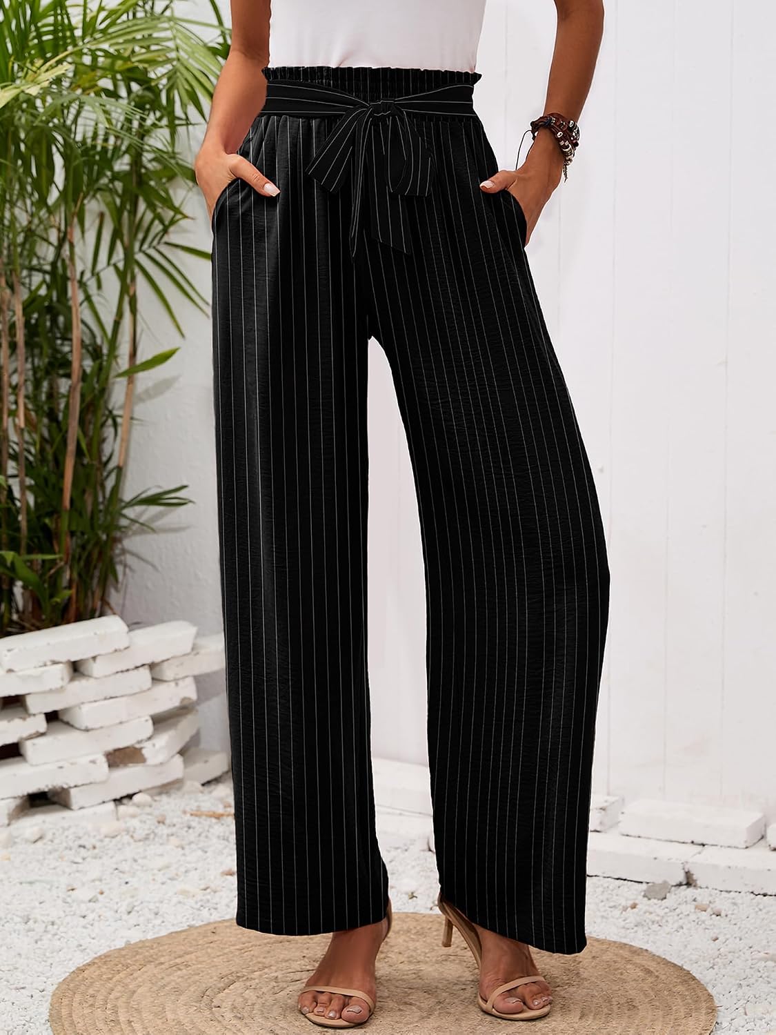 Detalle de Heymoments Women’s Wide Leg Lounge Pants with Pockets, Adjustable Tie Waist (High Waisted)