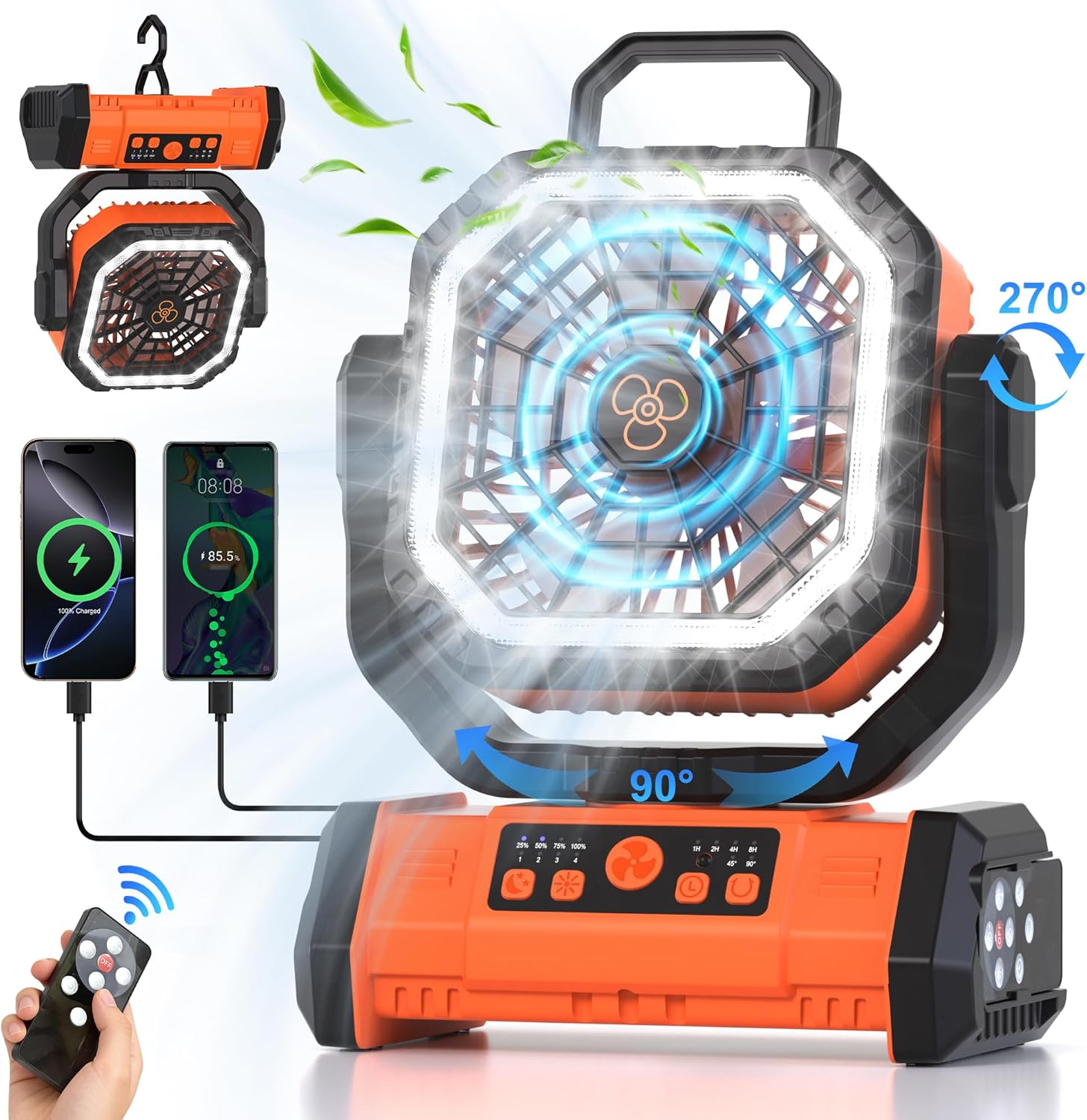 Detalle 2 de Honesorn Portable Rechargeable Fan 20000mAh with LED Light, Remote, and USB-C Power — Orange