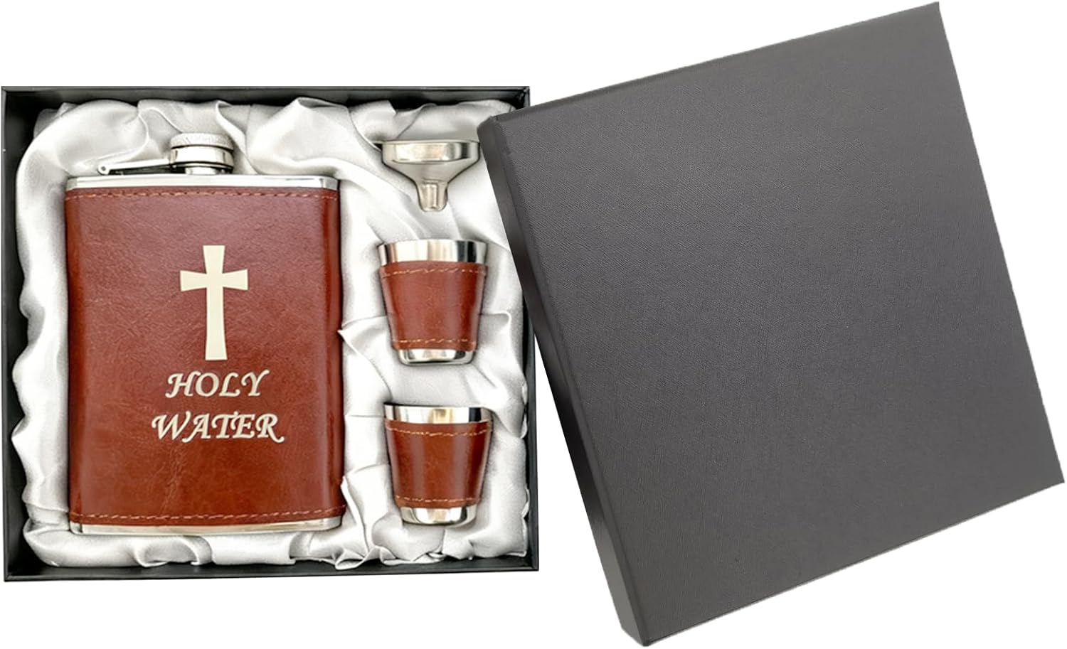 Thumbnail 6 de Hip Flask Set with Funnel and Shot Glasses, 8 oz Stainless Steel & PU Leather – Leak-Proof, Brown (Holy Water) – Ideal Gift