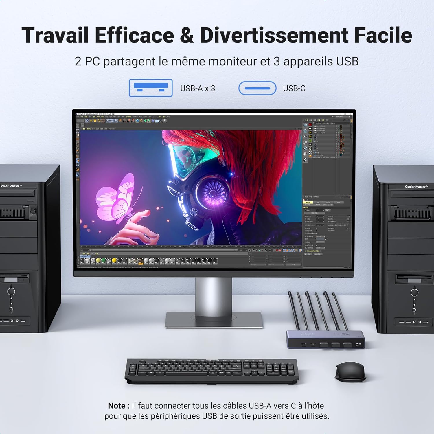 Detalle de UGREEN Switch KVM DisplayPort 8K 60 Hz à 2 entrées (DP 1.4) avec 3 USB-A et 1 USB-C
