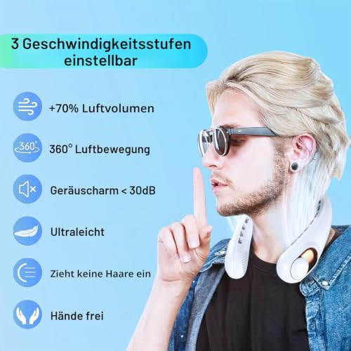 Detalle de KIDEE Nackenventilator – 360° Luftstrom, ultraleise, 3 Stufen, 4000 mAh Akku