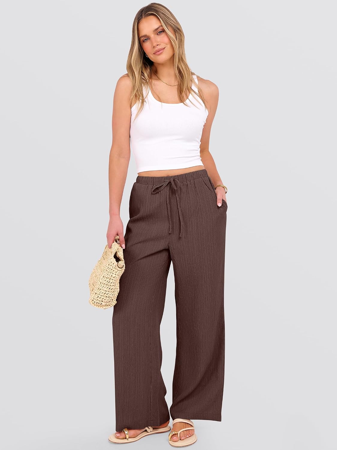 Detalle de ANRABESS Women's Wide Leg Beach Pants with Pockets – Lightweight Elastic-Waist Palazzo Trousers