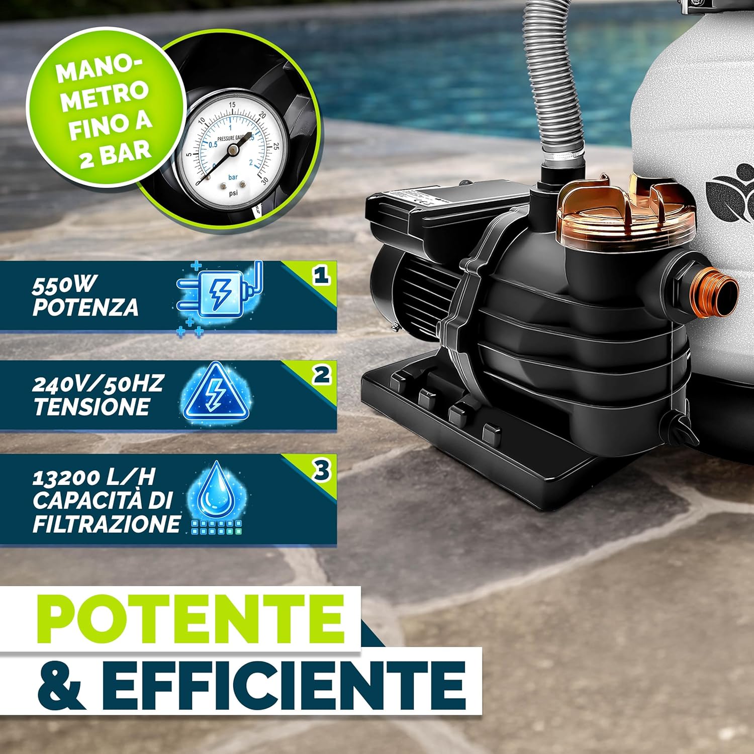 Detalle de Tillvex Pompa Filtro Piscina 13.200 L/h: purificazione a sabbia per vasche fino a 40.000 L