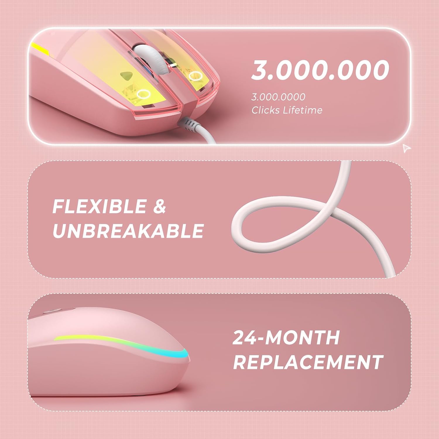 Detalle 2 de Seenda wired mouse 1600 DPI RGB in pink