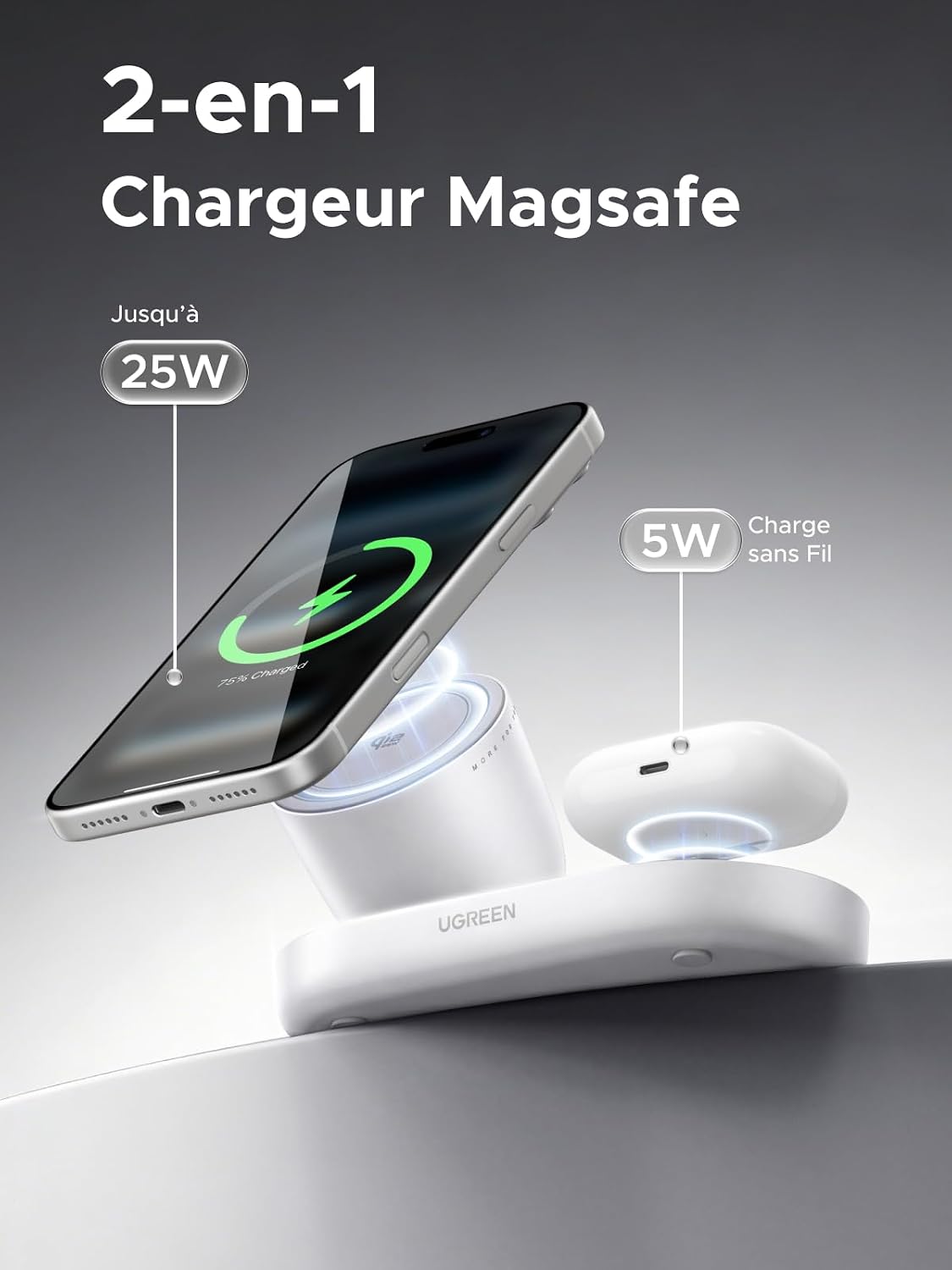 Thumbnail 2 de UGREEN Zapix Chargeur induction iPhone Qi2 25W 2-en-1 (compatible MagSafe) pour iPhone & AirPods