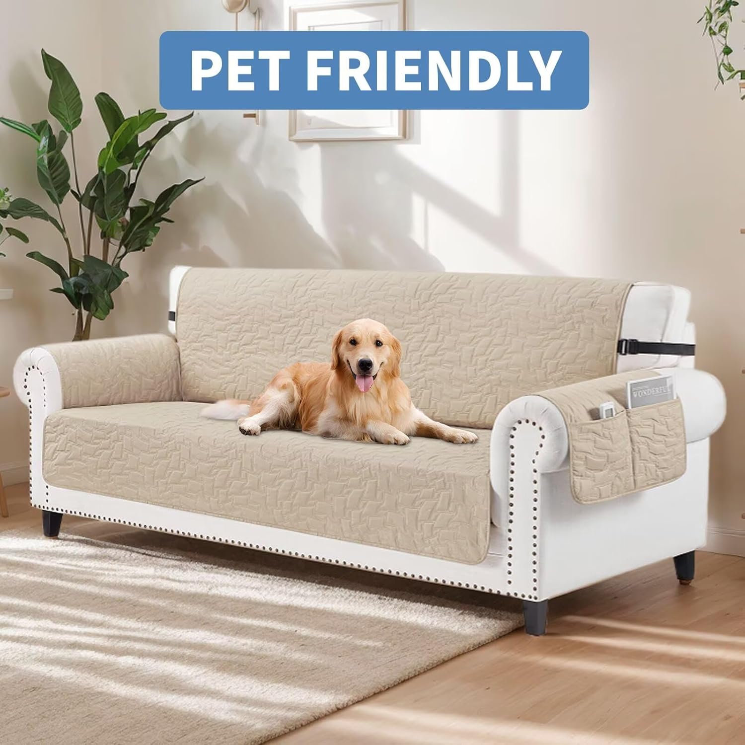 Detalle de CUCRAF Non Slip Quilted Sofa Cover for 2-Cushion Loveseat (Beige) – Water-Resistant, Pet-Friendly
