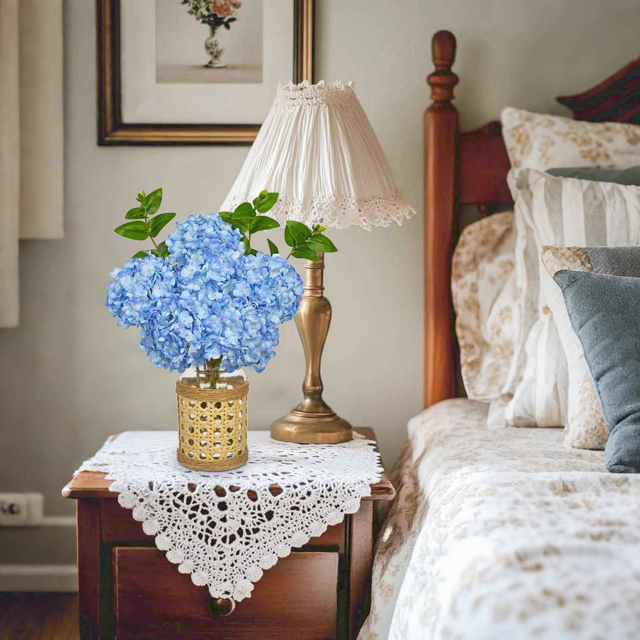 Thumbnail 5 de Oairse Artificial Hydrangea Flowers in Glass Vase with Rattan Cover, 32 cm – Blue Silk Florals for Home & Office Decor