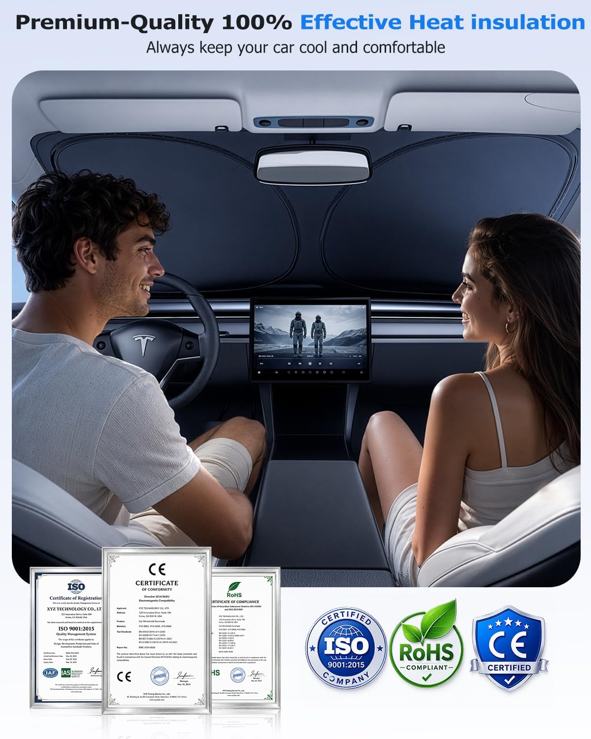 Thumbnail 5 de DMJN Front Windshield Sun Shade for Tesla Model Y, Model 3 & New Model Y Juniper (2017-2026) with Nano Ice-Crystal Coatings