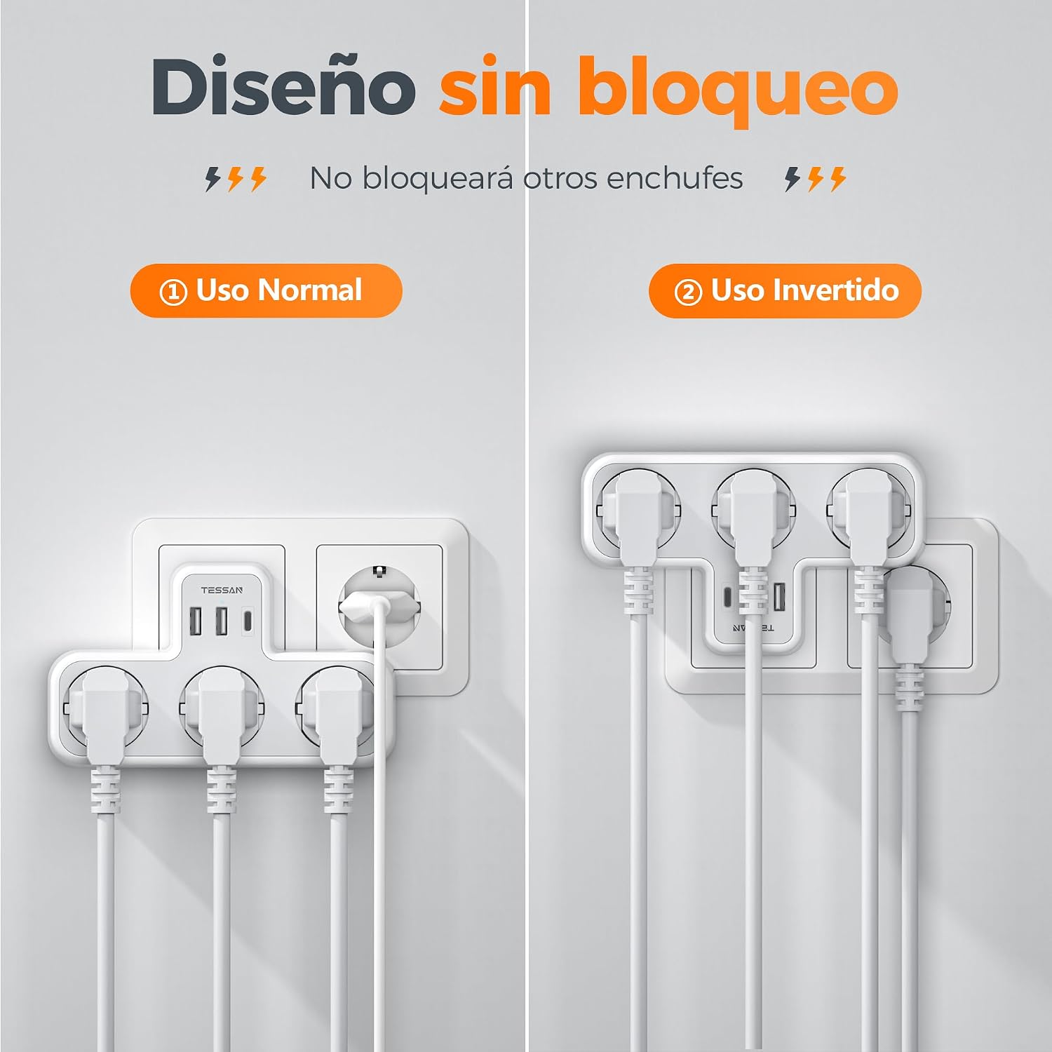 Detalle 2 de TESSAN Ladron Enchufes Plano 6 en 1 con USB ⚡