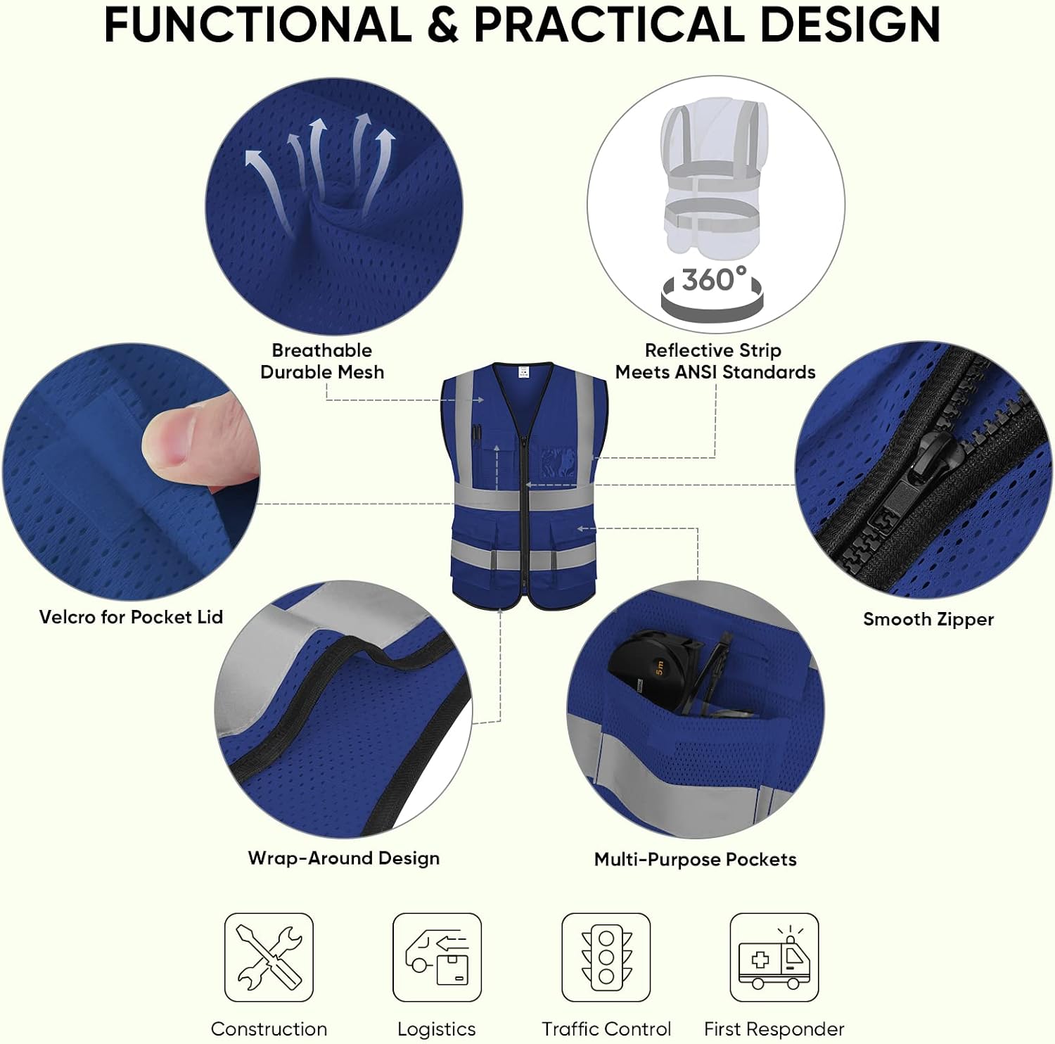 Detalle 2 de TICONN SV-1 High-Visibility Safety Vest, ANSI Class 2 Polyester Mesh