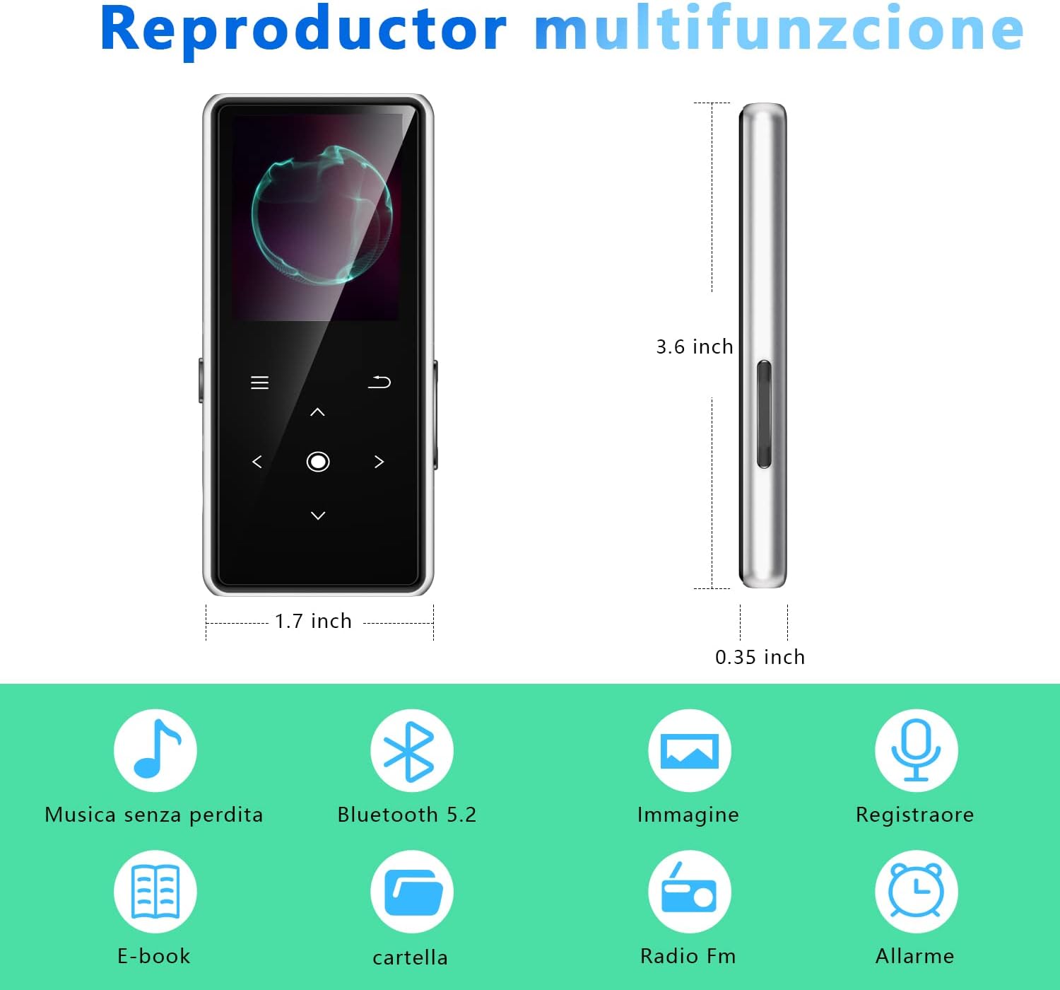 Thumbnail 6 de AiMoonsa lettore MP3 da 64 GB con Bluetooth 5.2, altoparlante HD e radio FM