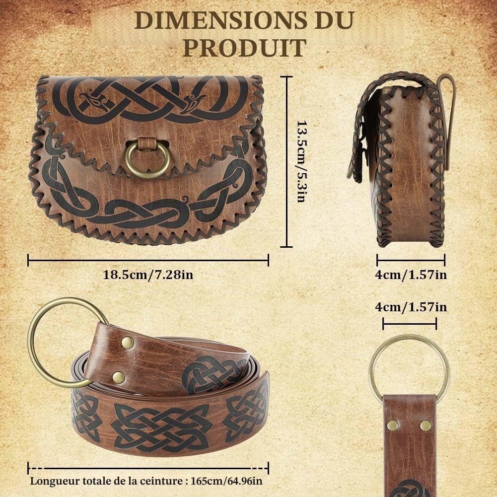 Detalle 2 de AYBUY Ceinture Médiévale avec Relief Nordique et Sac Banane en Simili-Cuir – Brun-B