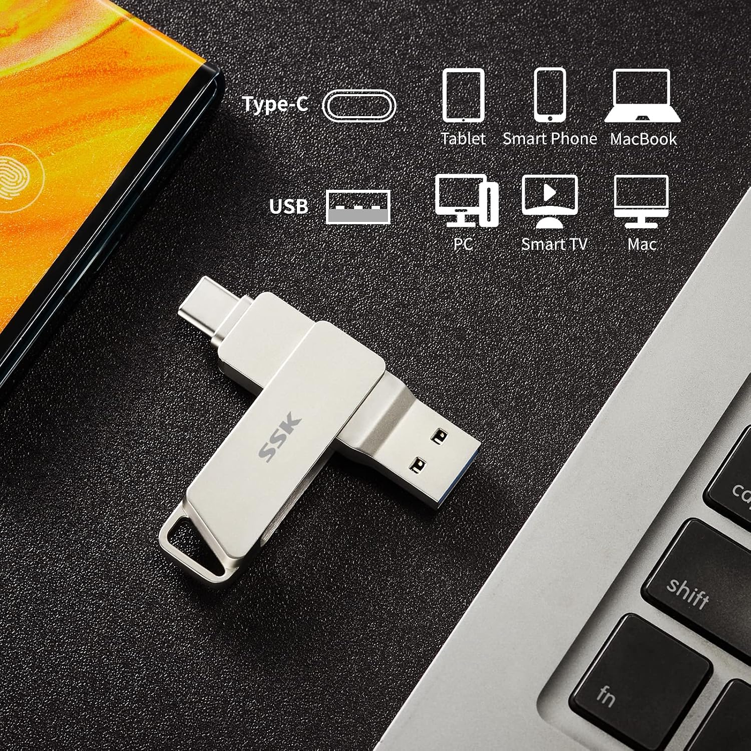 Detalle de SSK 64GB USB C Flash Drive with Dual Connectors (USB-C + USB 3.2) – 200MB/s Read