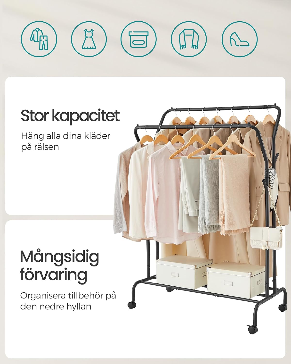 Detalle de SONGMICS HSR107B01 klädställ på hjul med två stänger och hylla, 103,5 cm