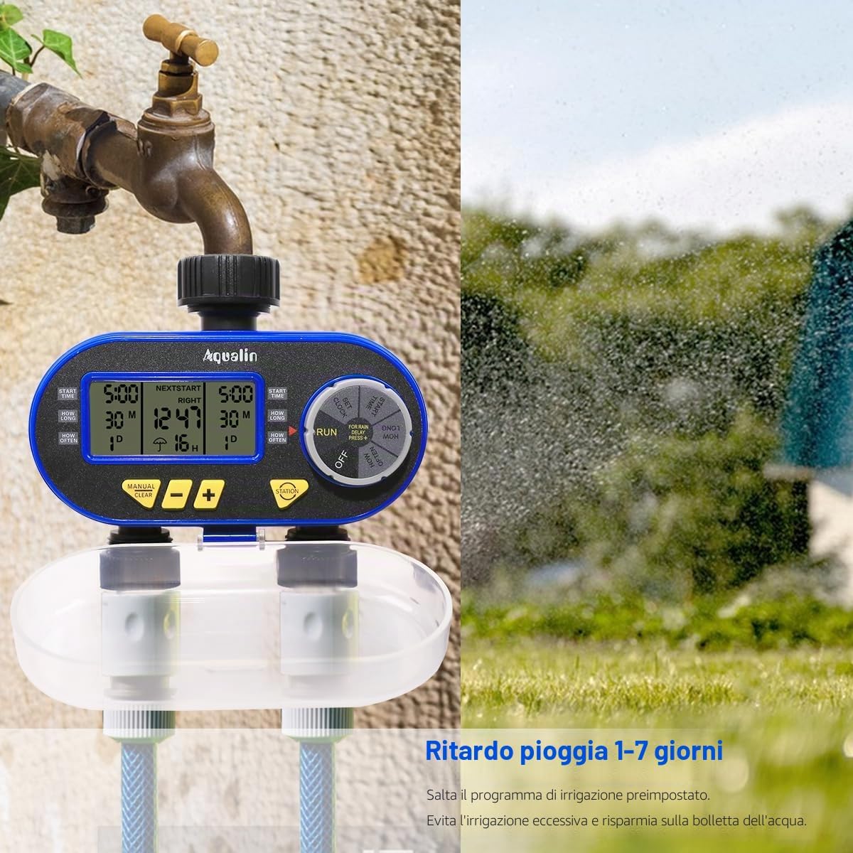 Detalle 2 de Aqualin timer per irrigatori con 2 uscite, due valvole programmabili e Rain Delay