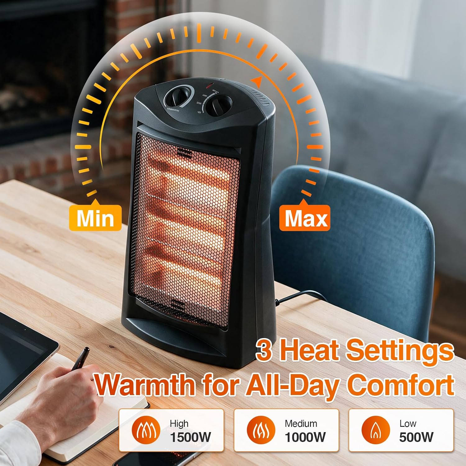 Detalle de Hykolity WHG-0607 1500W Quartz Tower Heater with 3 Heat Settings