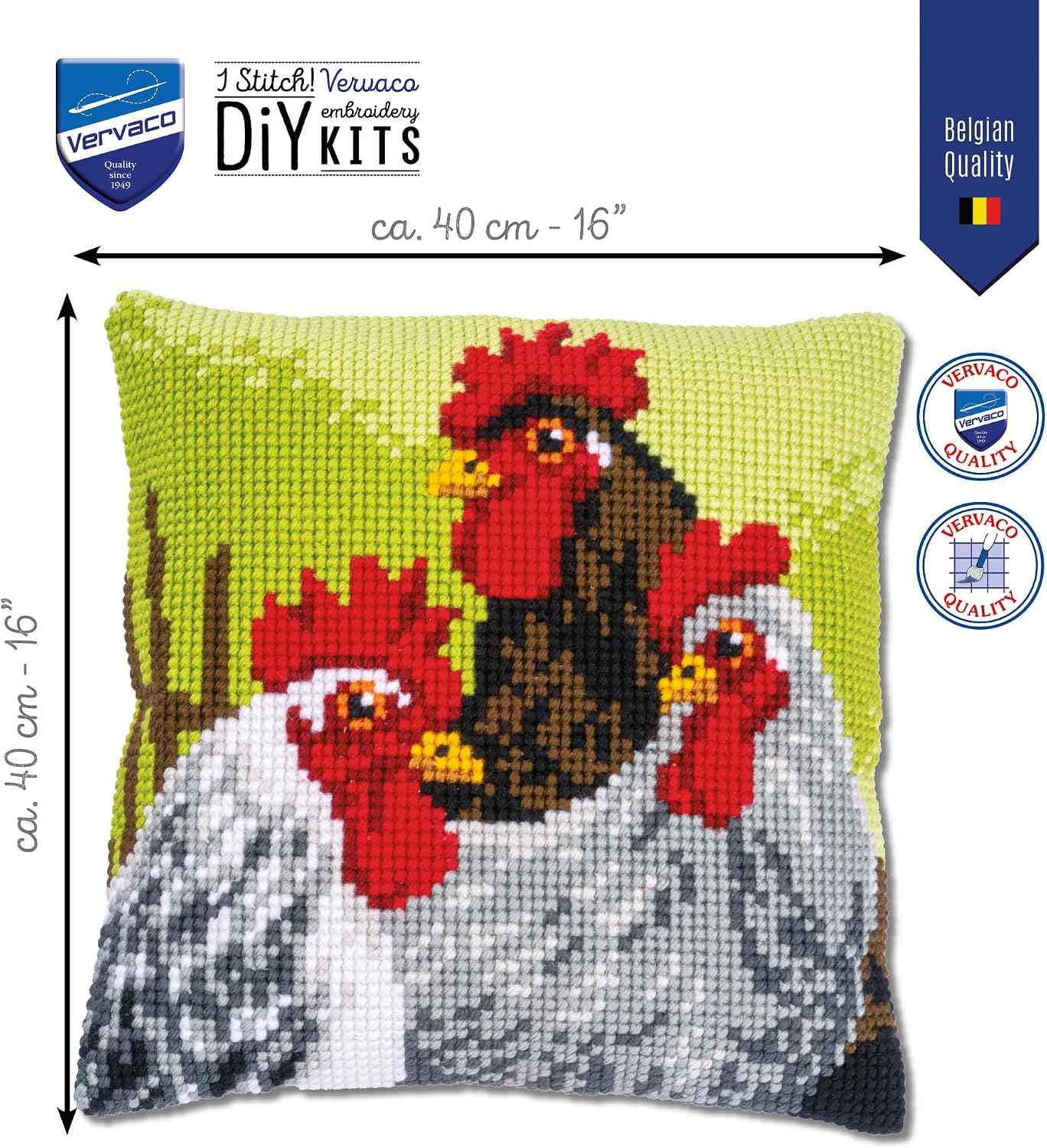 Detalle de Vervaco zestaw do haftu krzyżykowego Kogut i kury, poduszka 40 × 40 cm