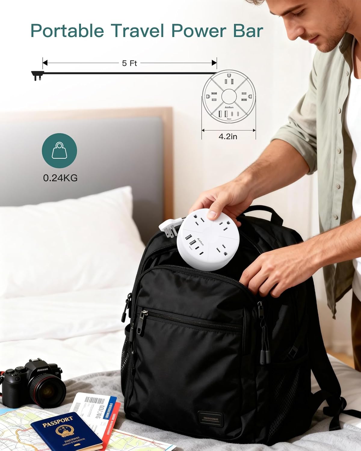 Thumbnail 3 de Addtam Travel Essentials Cruise Approved 7-in-1 Power Strip with Retractable Cord