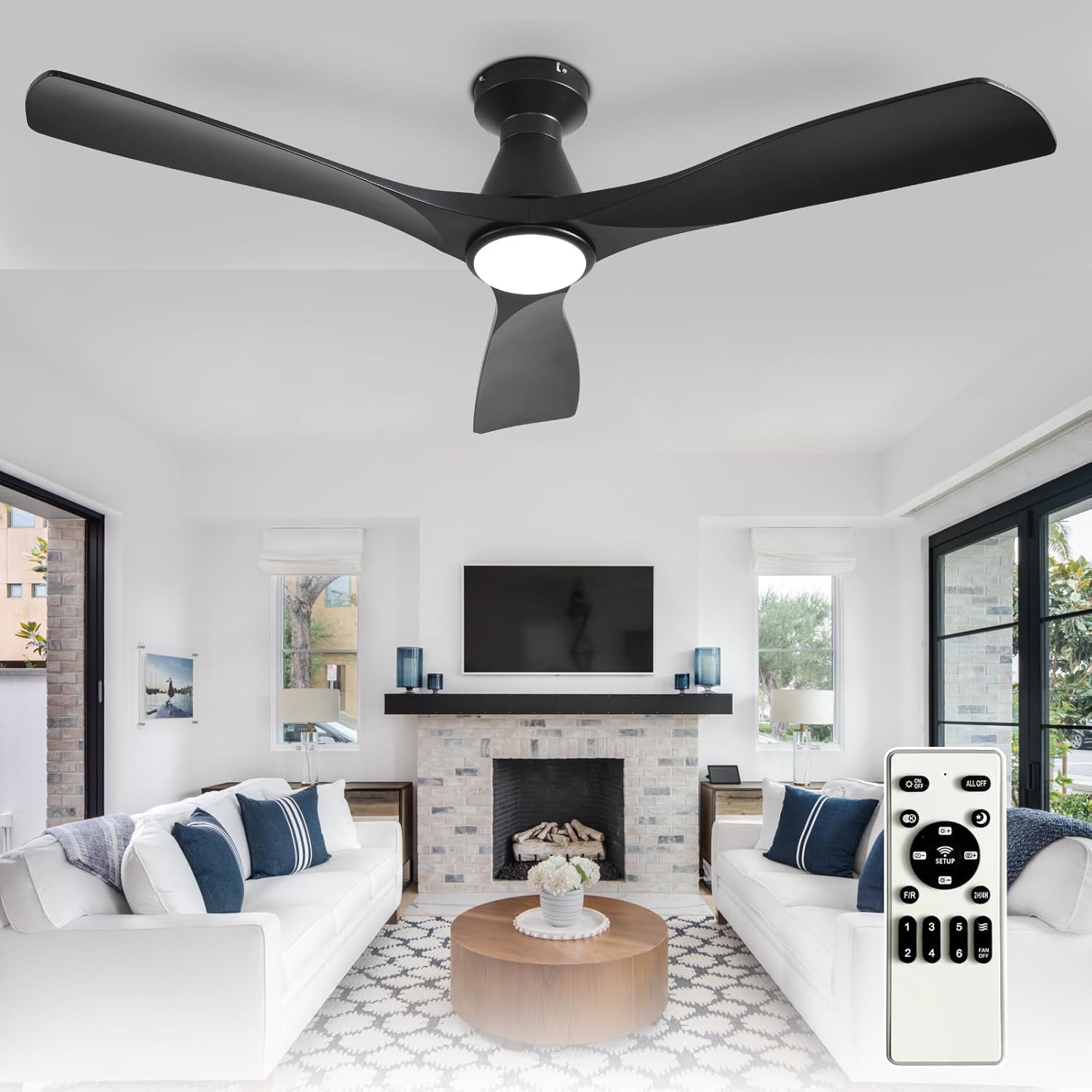 Detalle de Depuley 52-Inch Flush Mount Ceiling Fan with Lights — Black 3-Blade, DC Motor, Remote