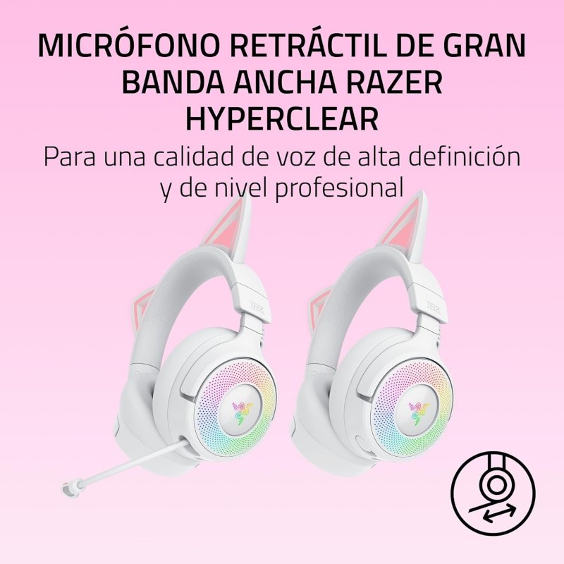 Detalle de Razer Kraken Kitty V3 Pro inalámbricos: sonido envolvente y orejas de gato RGB para streaming y juego avanzado
