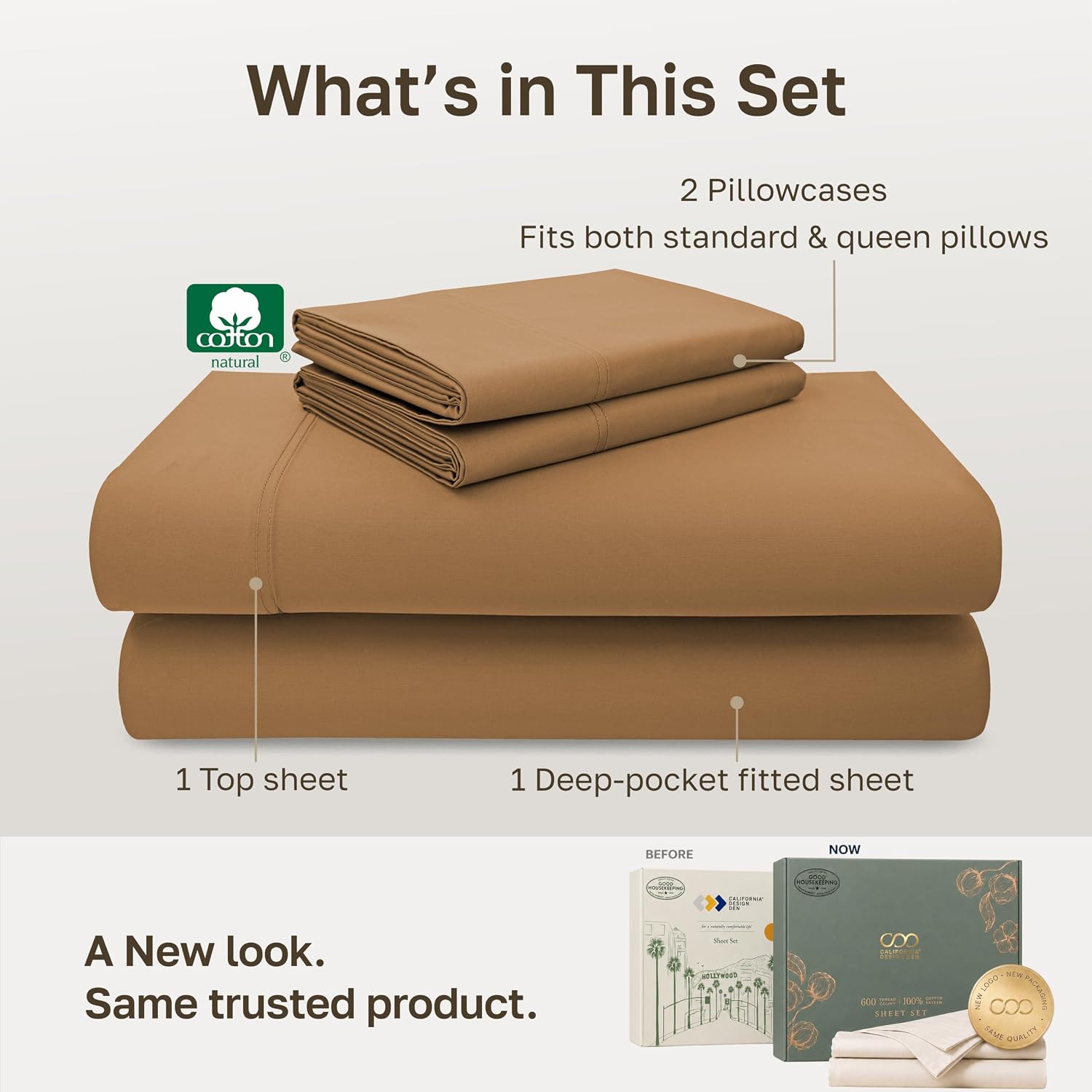 Detalle de California Design Den 600 Thread Count Queen Sheet Set, Honey Caramel Cotton Sateen