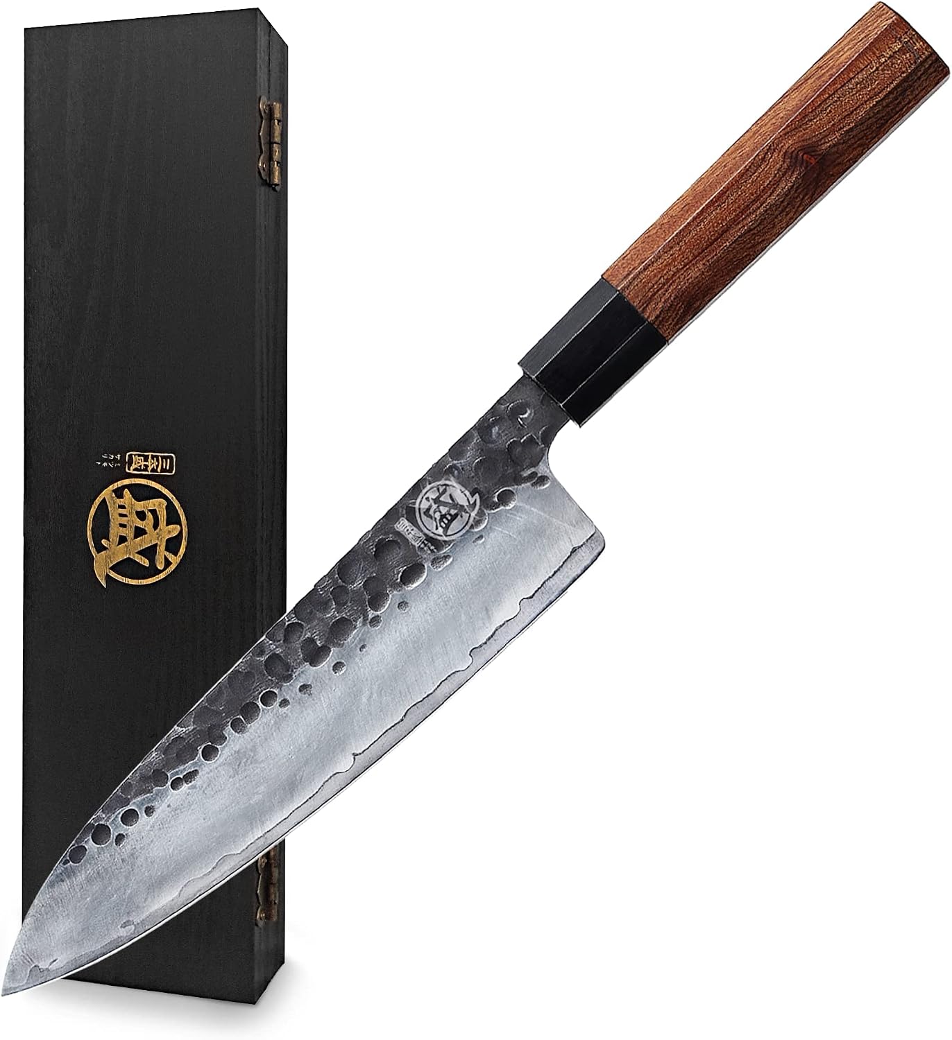 Detalle de MITSUMOTO SAKARI Gyuto-koksmes 22 cm, met de hand gesmeed staal en rozenhouten handvat