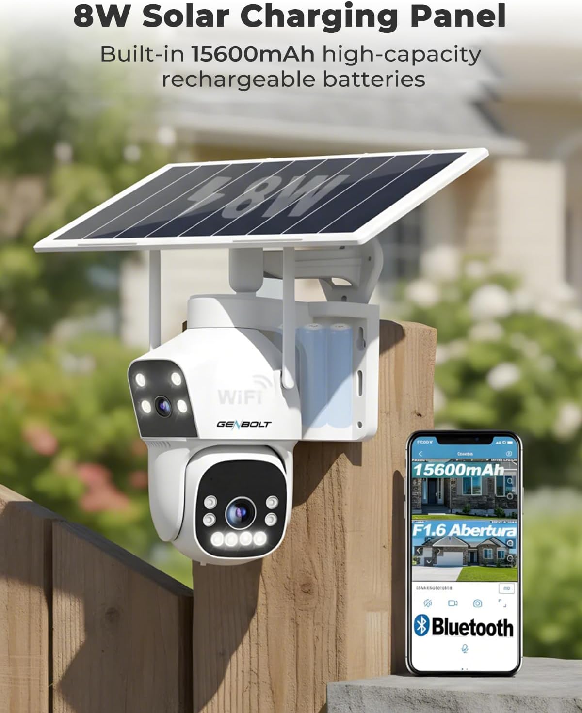 Detalle de GENBOLT Solar WiFi Security Camera Outdoor Wireless with Dual Lens Spotlight, Dual View & PIR