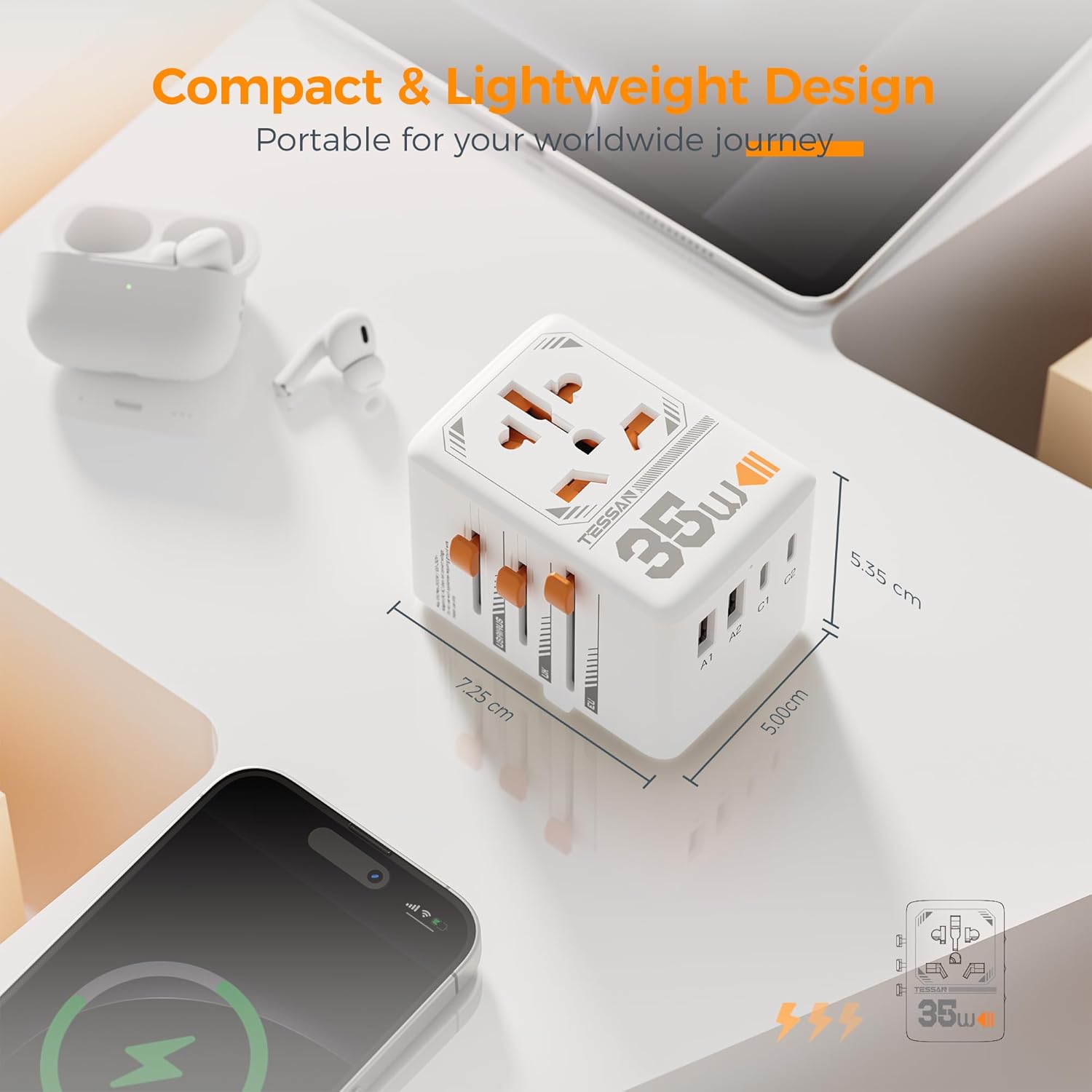 Thumbnail 4 de TESSAN Universal Travel Adapter 35W with 3 USB-C and 2 USB-A Ports (UK to EU/US/AUS/Ireland) – 6-in-1 Worldwide Outlet