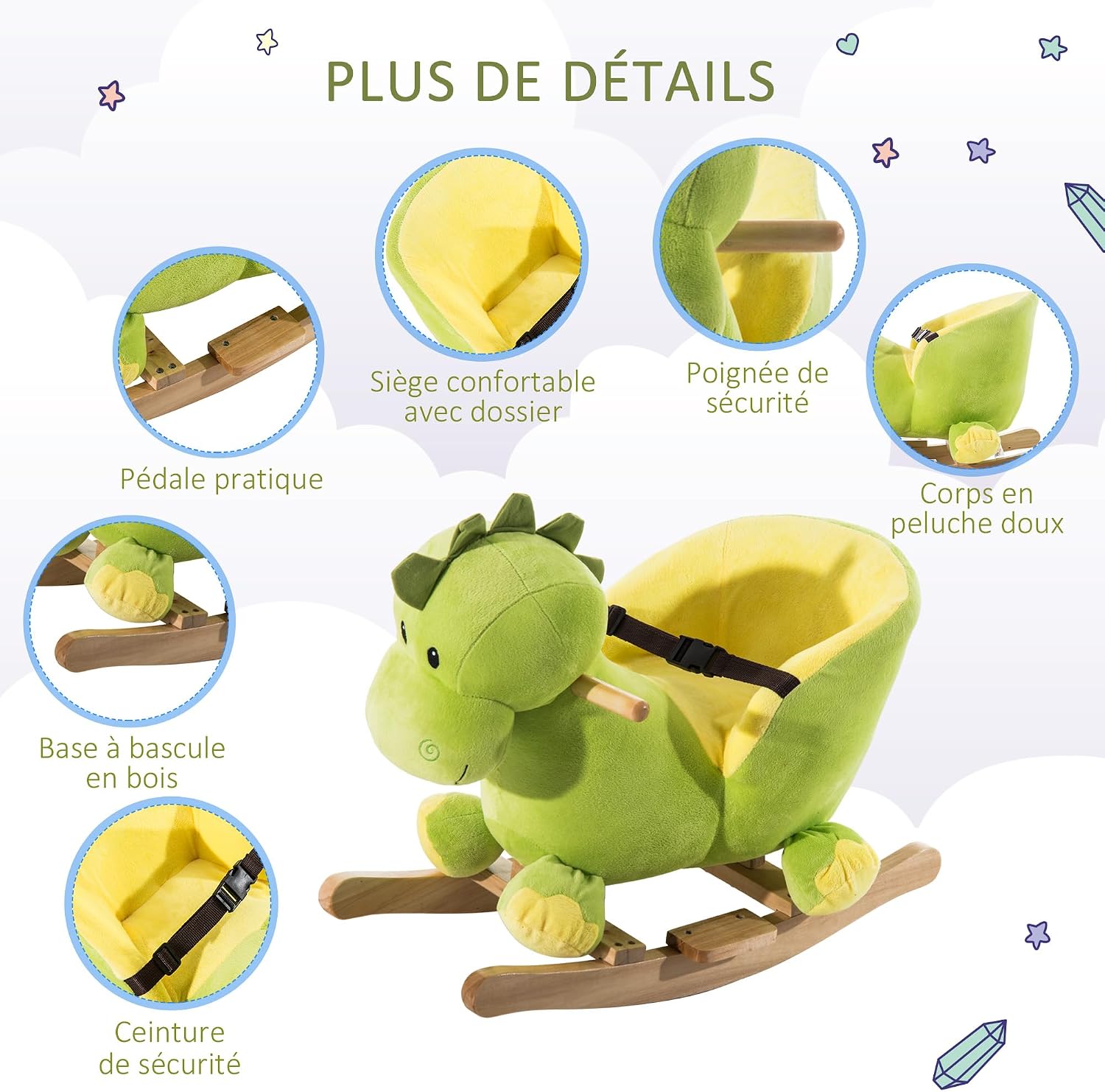 Detalle de HOMCOM 330-013 dinosaurus-hobbelpaard met veiligheidsgordel en 32 liedjes