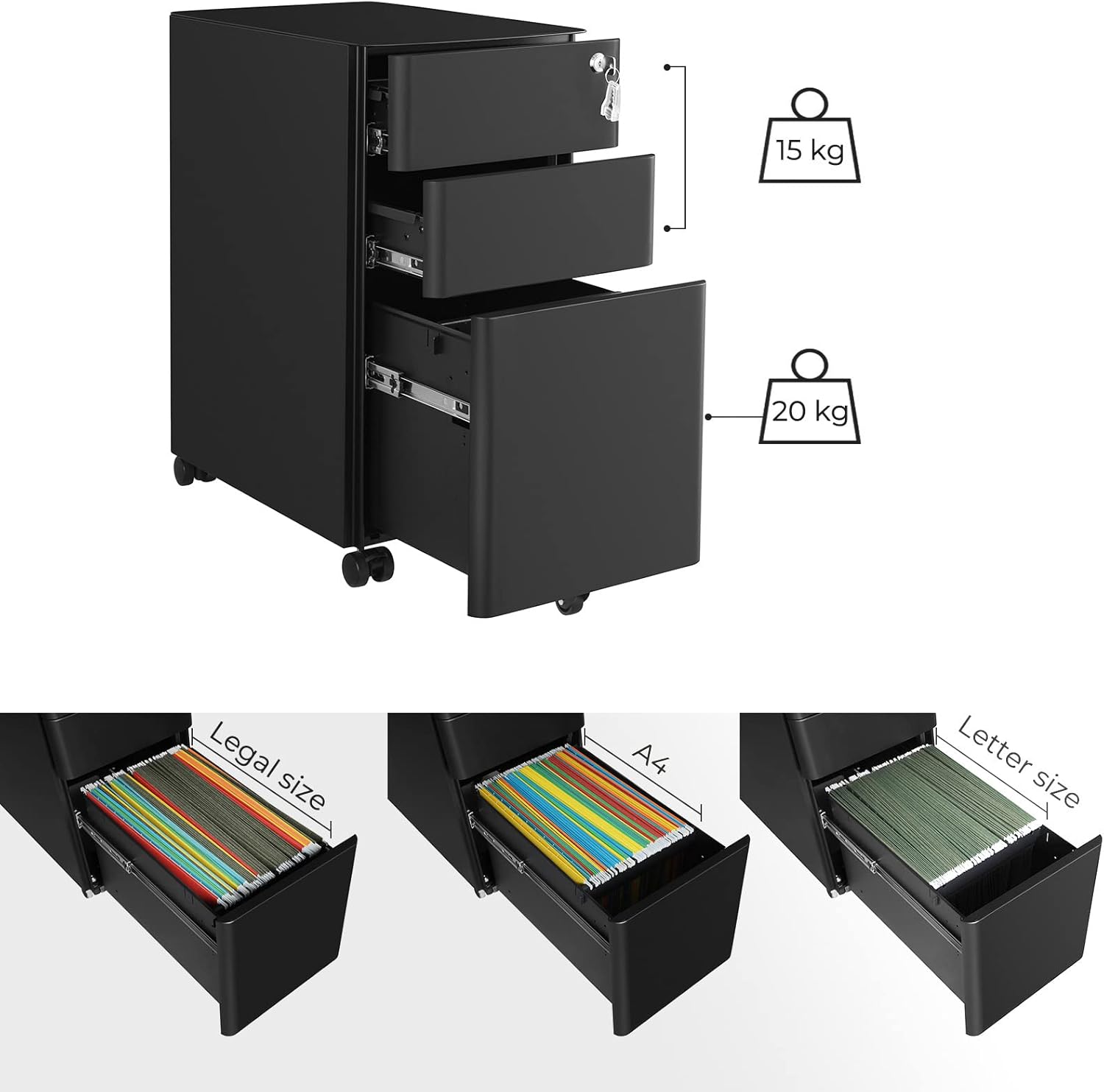 Thumbnail 4 de SONGMICS Rollcontainer OFC030B01 – abschließbarer Aktenschrank mit 3 Schubladen und Rollen für DIN-A4/Legal/Letter