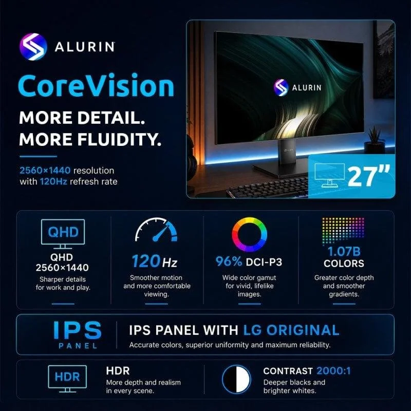 Detalle 2 de Monitor Alurin CoreVision 27" IPS QHD 120 Hz: precisión para gaming y creación