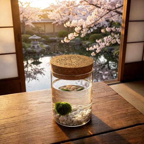 Detalle 2 de KAKI Marimo originale in vaso di vetro con tappo in sughero – artigianale, Made in Italy