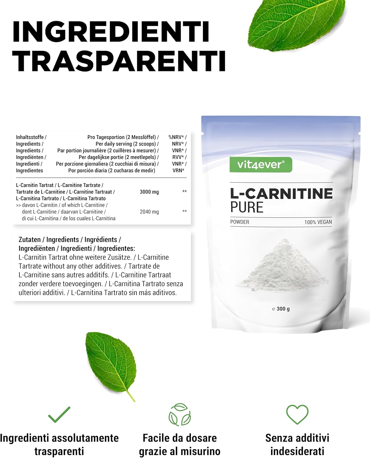 Thumbnail 4 de L-Carnitine Pure 300 g in polvere (L-Carnitina Tartrato) – 100 porzioni da 3 g, 100% vegano