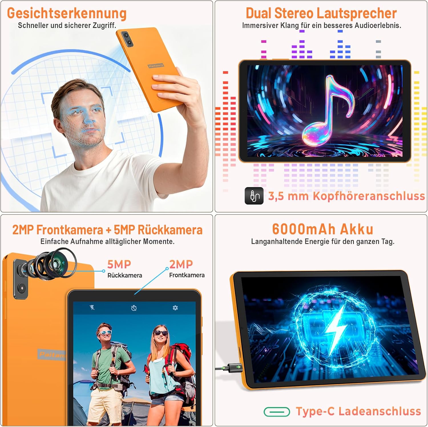 Detalle de paitanry Android 16 Tablet 8,7 Zoll – 4G LTE, Gemini AI, 16GB RAM + 64GB Speicher, Speichererweiterung bis 2TB