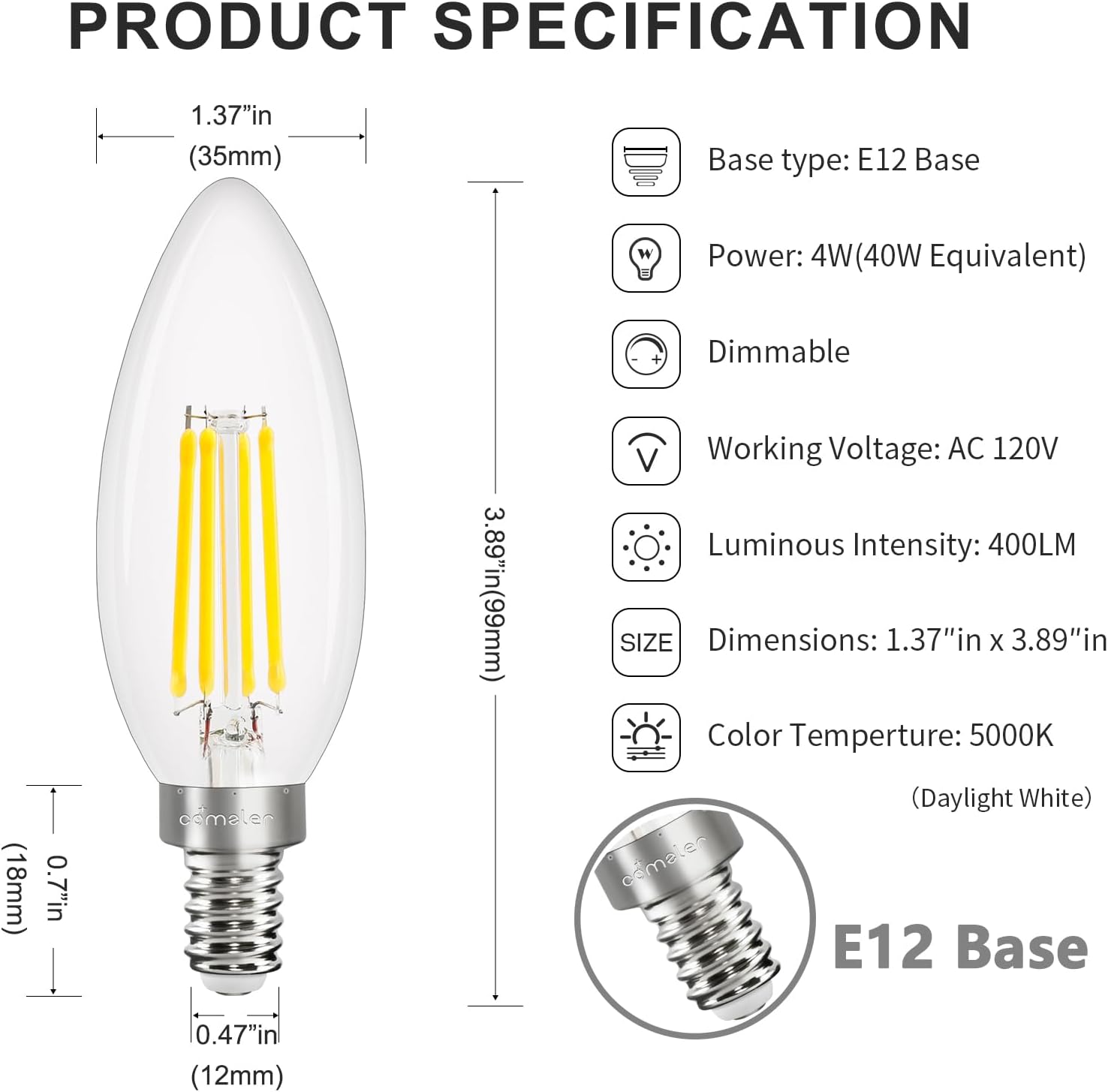 Thumbnail 6 de Comzler CZ-C35-E12-5000K-FBA LED Candelabra Bulbs, E12, Dimmable, 5000K, 6-Pack