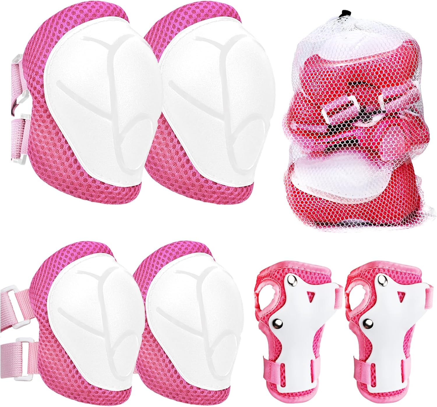 Detalle de LUOJINYI knäskydd för barn, 6-delat set i rosa och vitt med kardborre