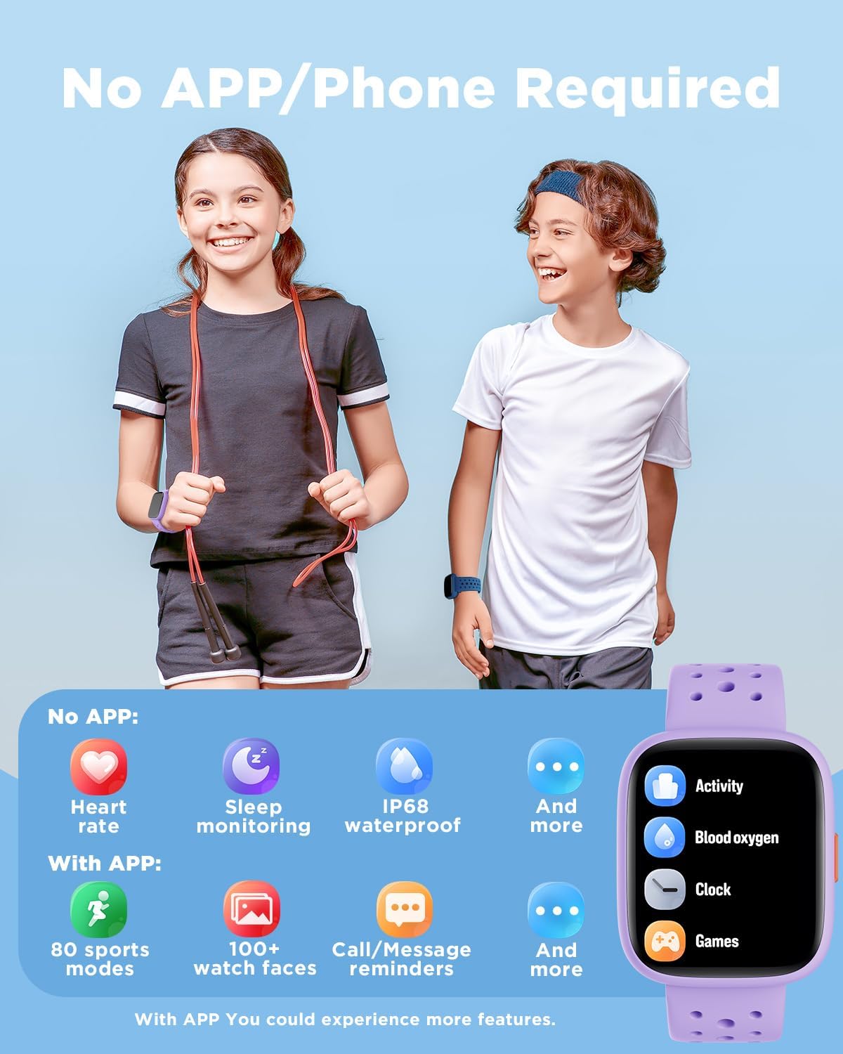 Detalle 2 de BIGGERFIVE Brave 2 Kids Smart Watch (Lilac) – No Phone Needed, 1.8" Fitness Tracker