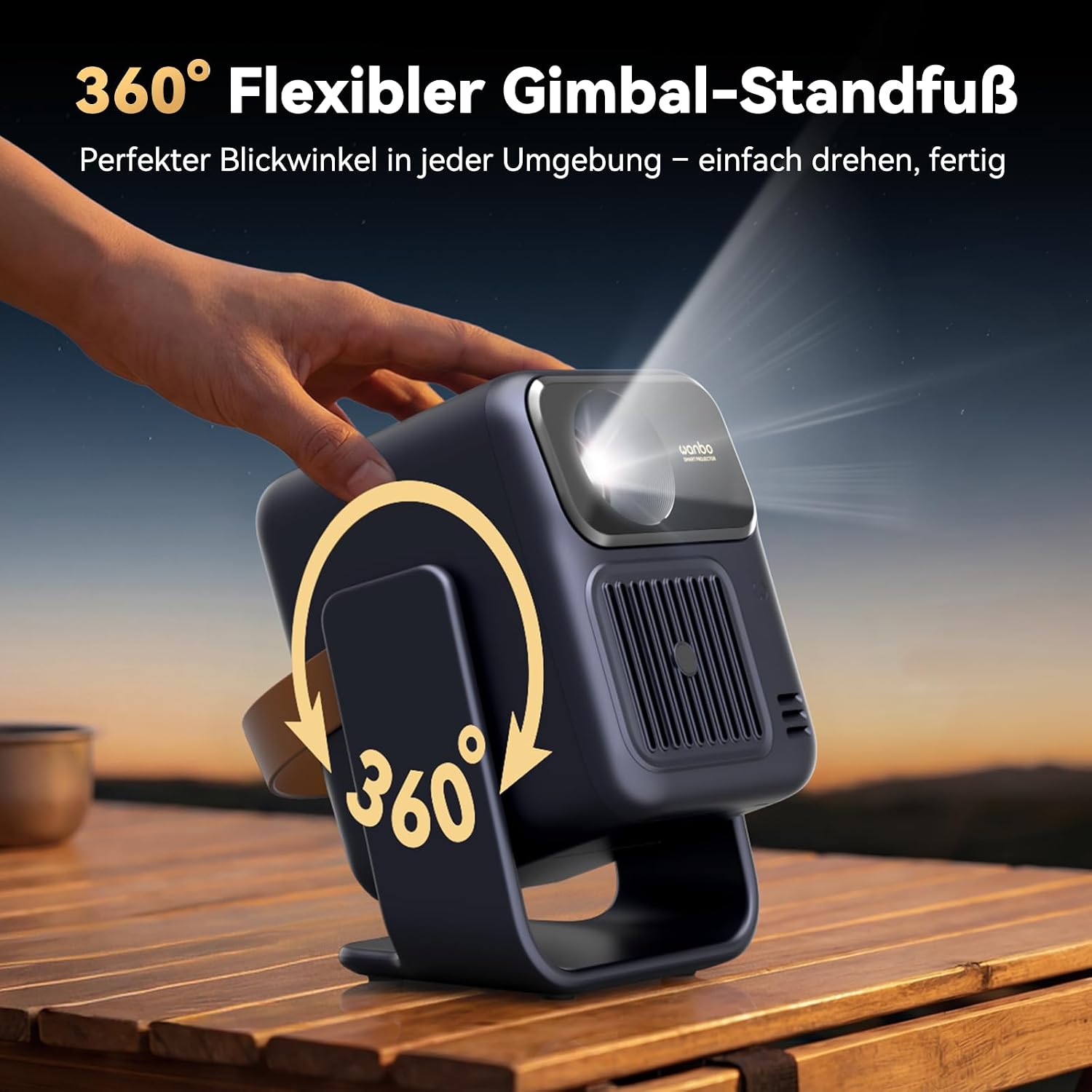 Detalle de WANBO Togo Pro Akku Smart Beamer mit Google TV – Tragbar 1080p, 500 ANSI, 3,5h Akku, 360° Ständer