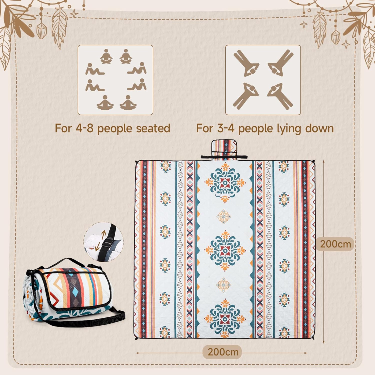 Thumbnail 3 de Aptliton Waterproof Picnic Blanket 200 x 200 cm with 4 Stakes – Foldable & Machine Washable