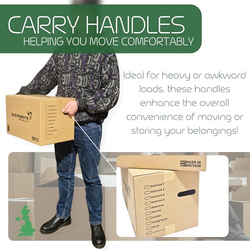Detalle de Moving Boxes x 20 Large Strong Cardboard Boxes by W.E. Roberts – 45.7 x 28.8 x 28.8 cm, with Handles and Room List
